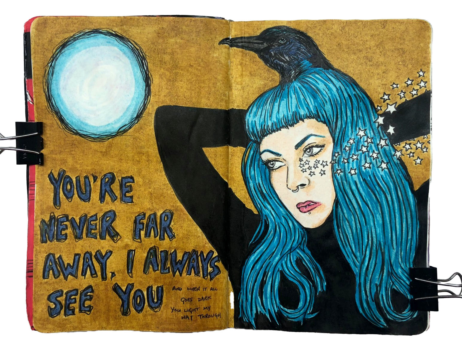 An art journal illustration of a blue haired woman, a crow, the moon, stars, and lyrics by Alice in Chains. Reference from Sktchy.