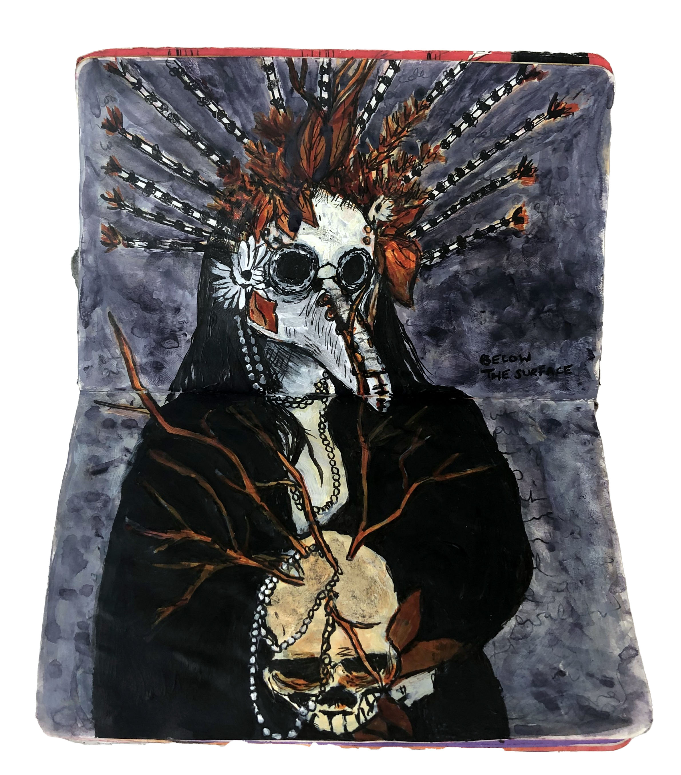 An art journal illustration of a creepy woman in a plague doctor mask holding a skull, twigs, and pearls. Reference from Sktchy.