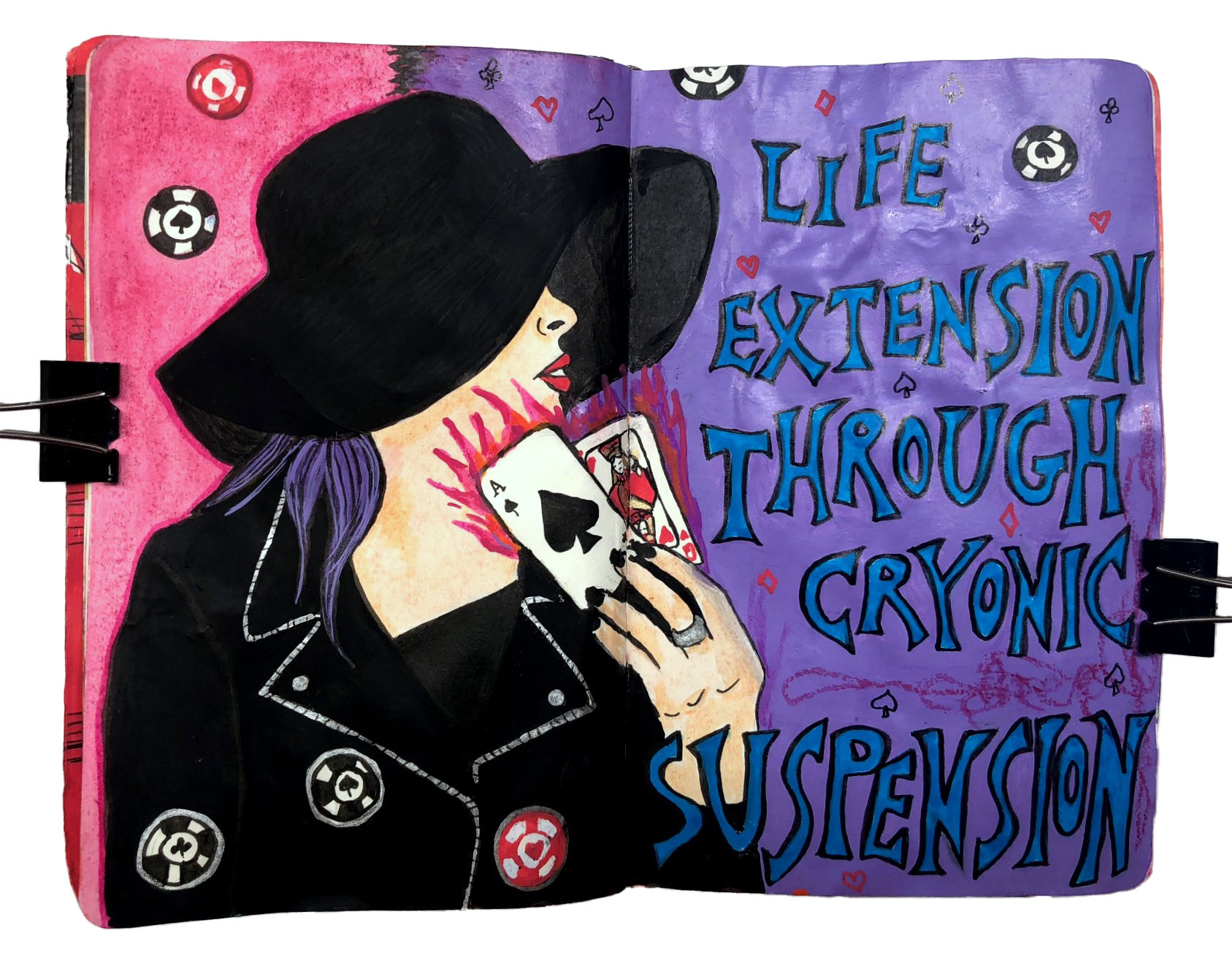 A mixed media art journal page with an illustration of a purple haired woman, playing cards, and gambling chips with the words life extension through cryonic suspension.