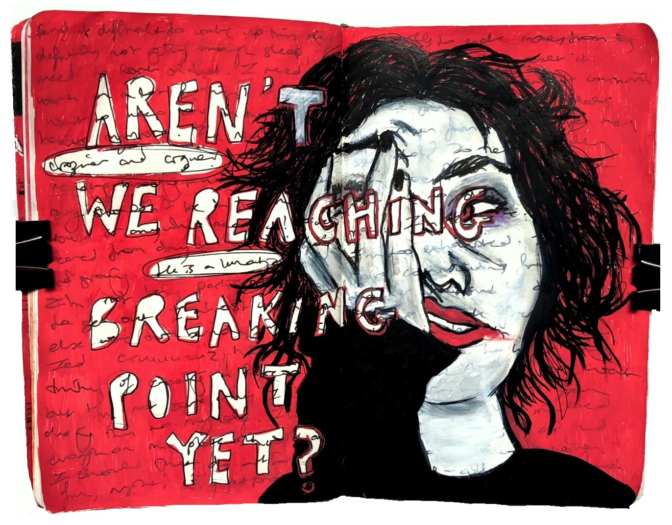 A mixed media art journal page with an illustration of a goth woman at breaking point.