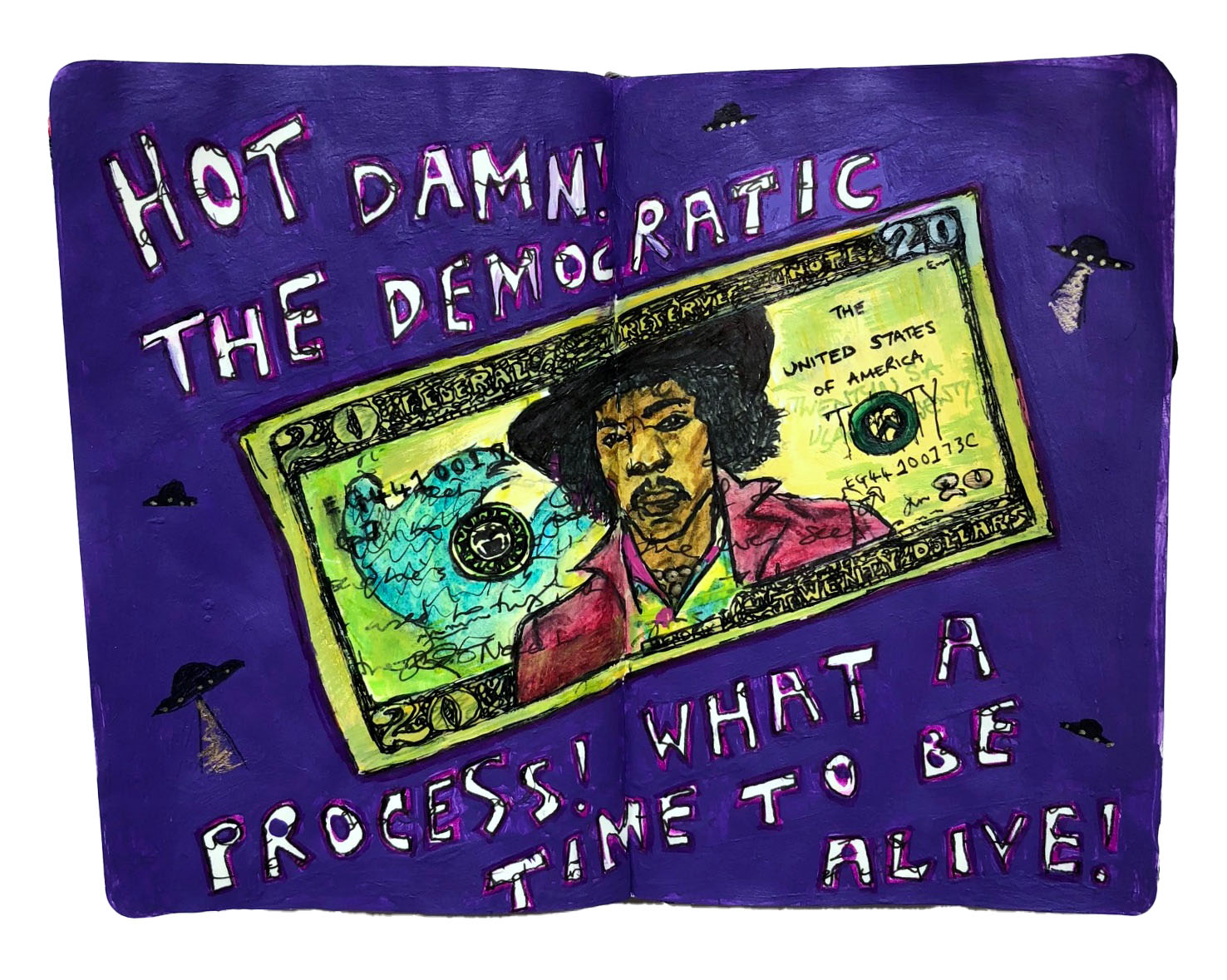 A mixed media art journal page with an illustration of Jimi Hendrix on a twenty dollar bill, UFOs, and lyrics by the band Clutch.