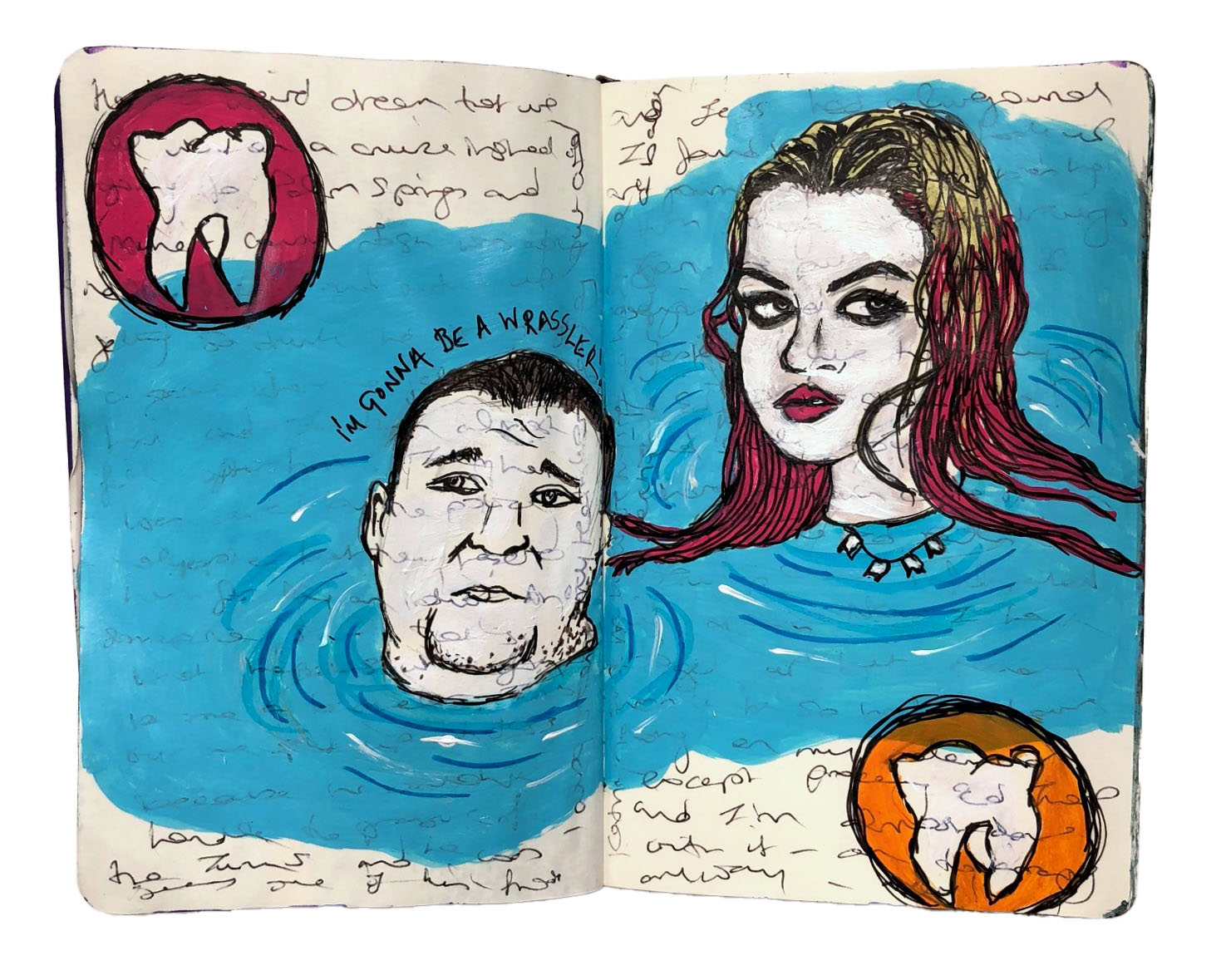 An art journal illustration of a woman (based loosely on a Sktchy photograph) and a man in water with the words I'm gonna be a wrassler! above his head and teeth around them from a dream I had.