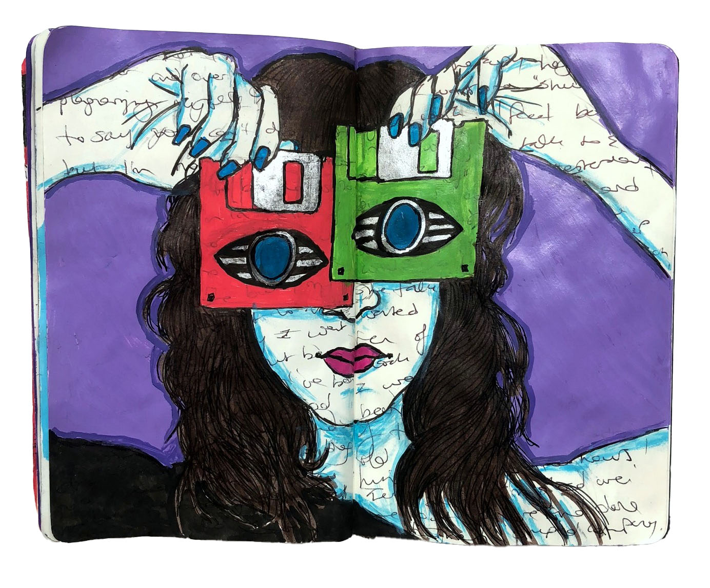 An art journal illustration of a woman holding up floppy disks for eyes.