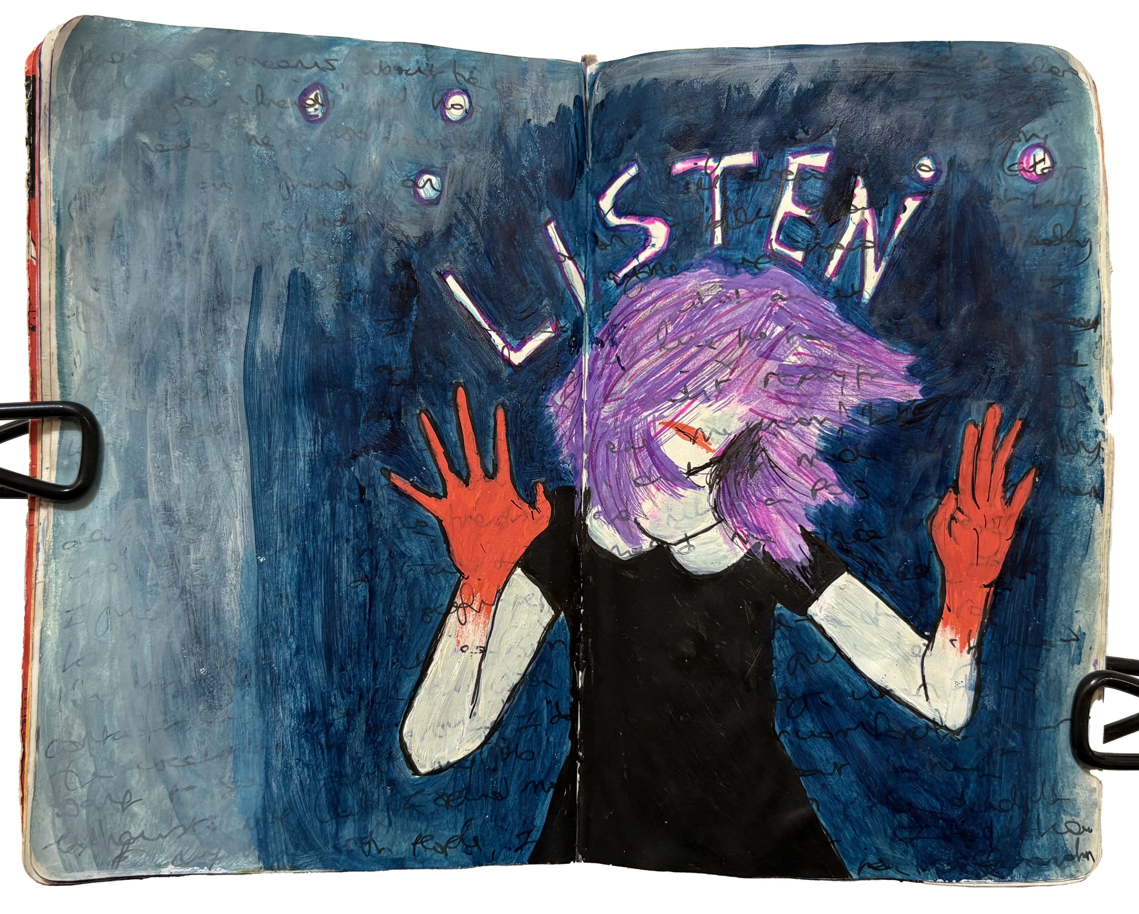 An art journal illustration of a woman with purple hair and red paint on her hands and the words don't listen above her.