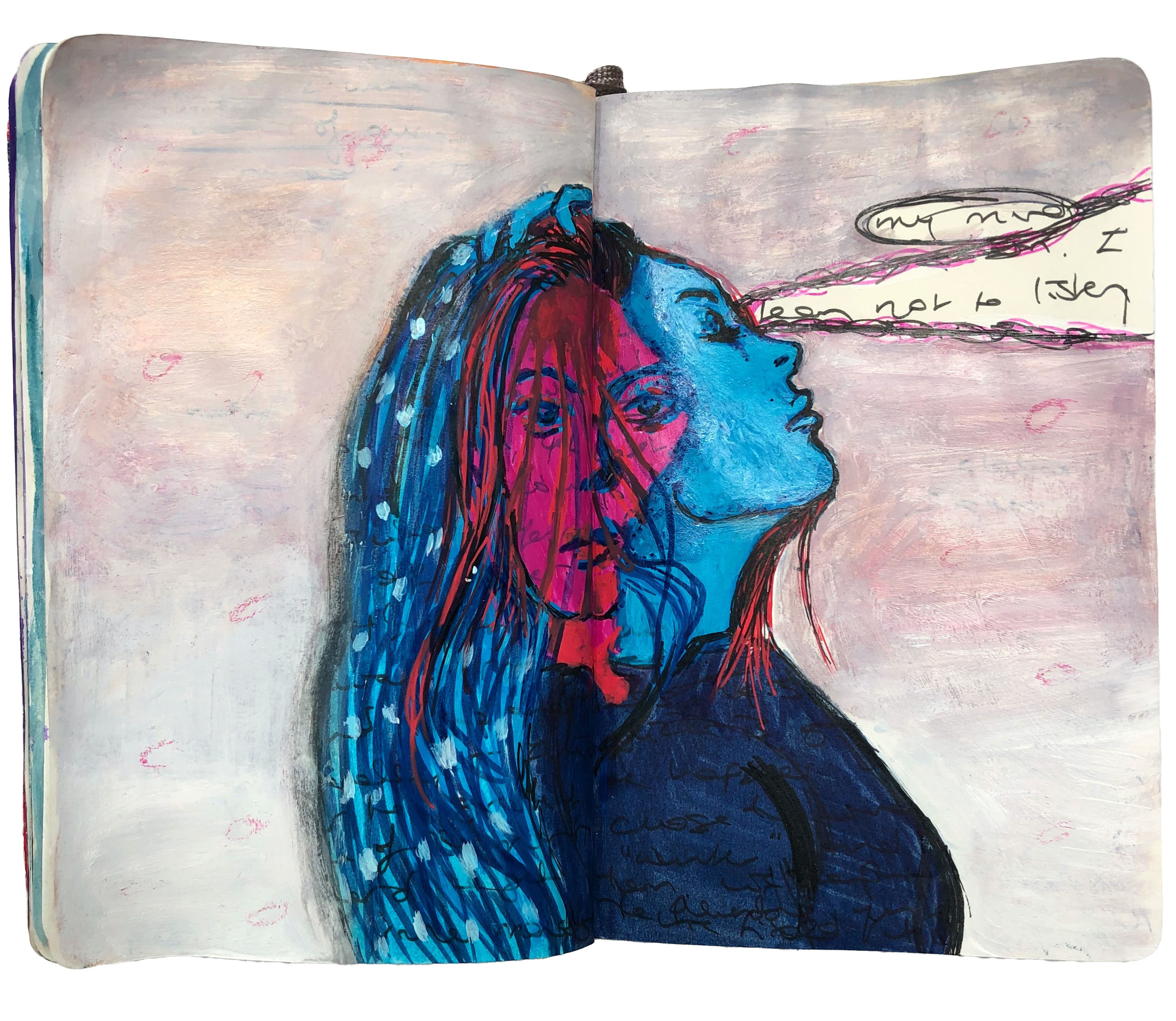 An art journal illustration of a double exposure woman in blue and pink with the words, my mind – I learn not to listen. Reference from Sktchy.