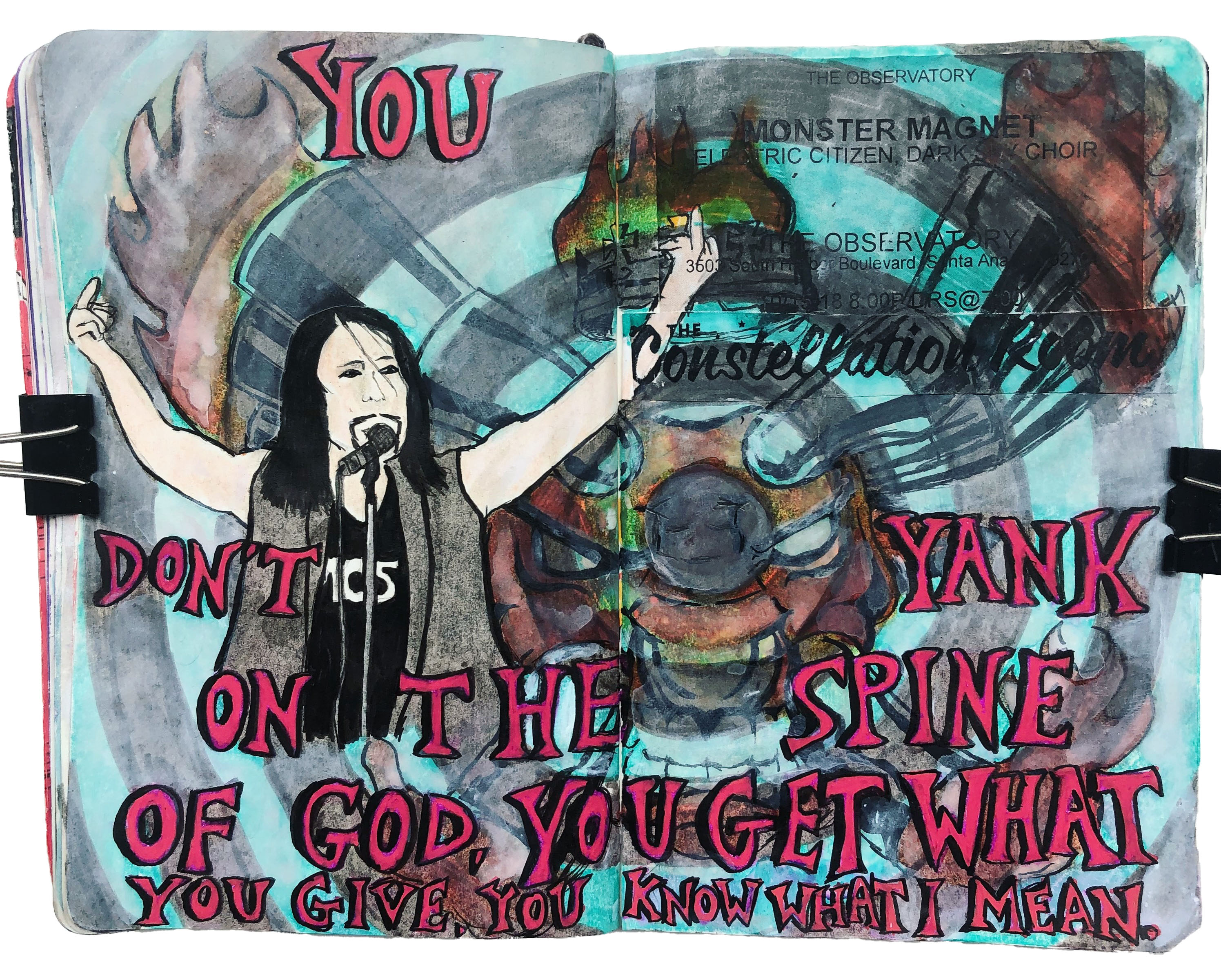 An art journal illustration of Dave Wyndorf from the band Monster Magnet with lyrics from Spine of God and the bullgod behind him after seeing them live again.