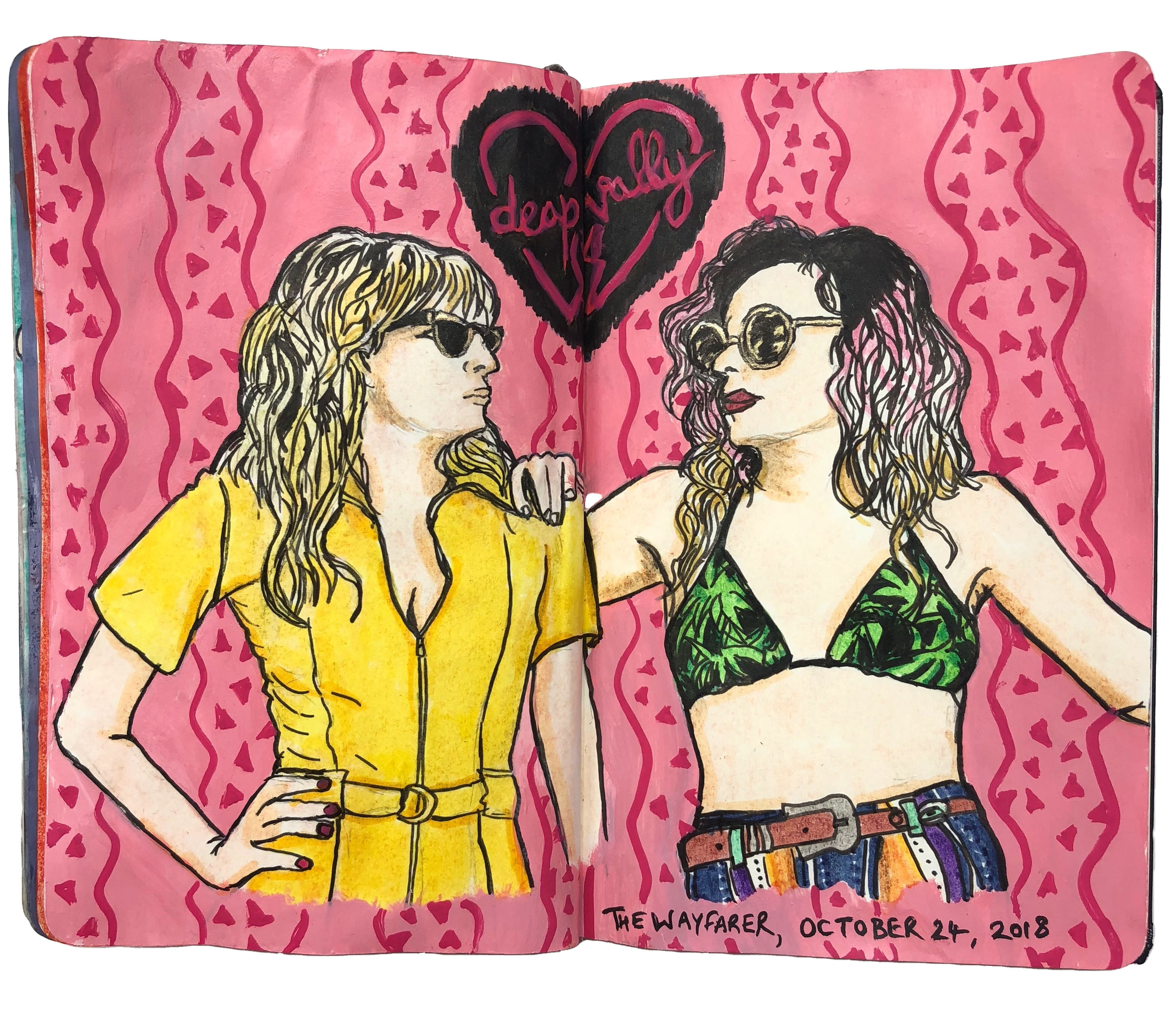 An art journal illustration of Lindsey Troy and Julie Edwards of the band Deap Vally against a pink background, made after seeing them live again.