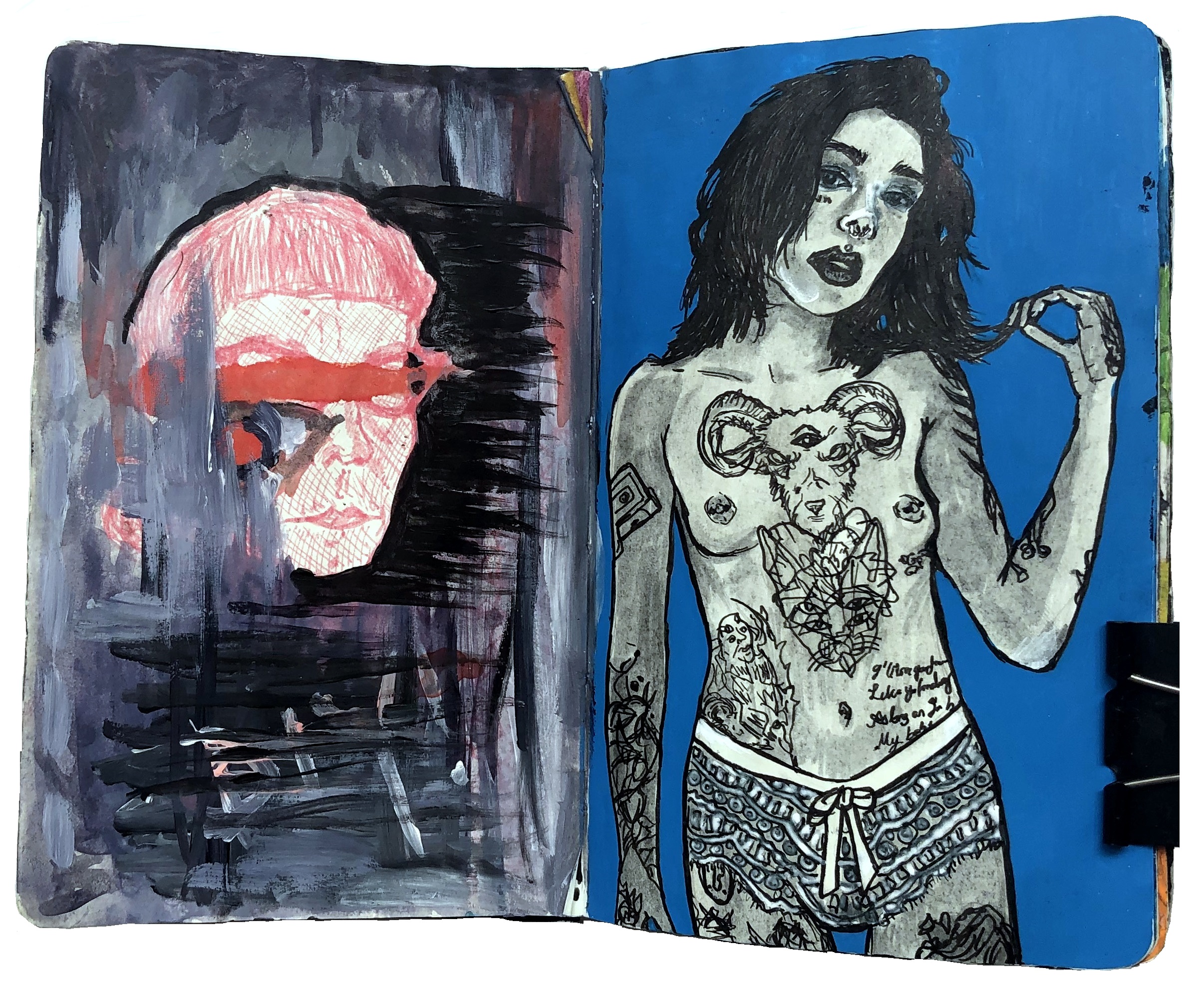 An art journal illustration of a topless tattooed woman and a scratched out sketch of another woman from Sktchy.