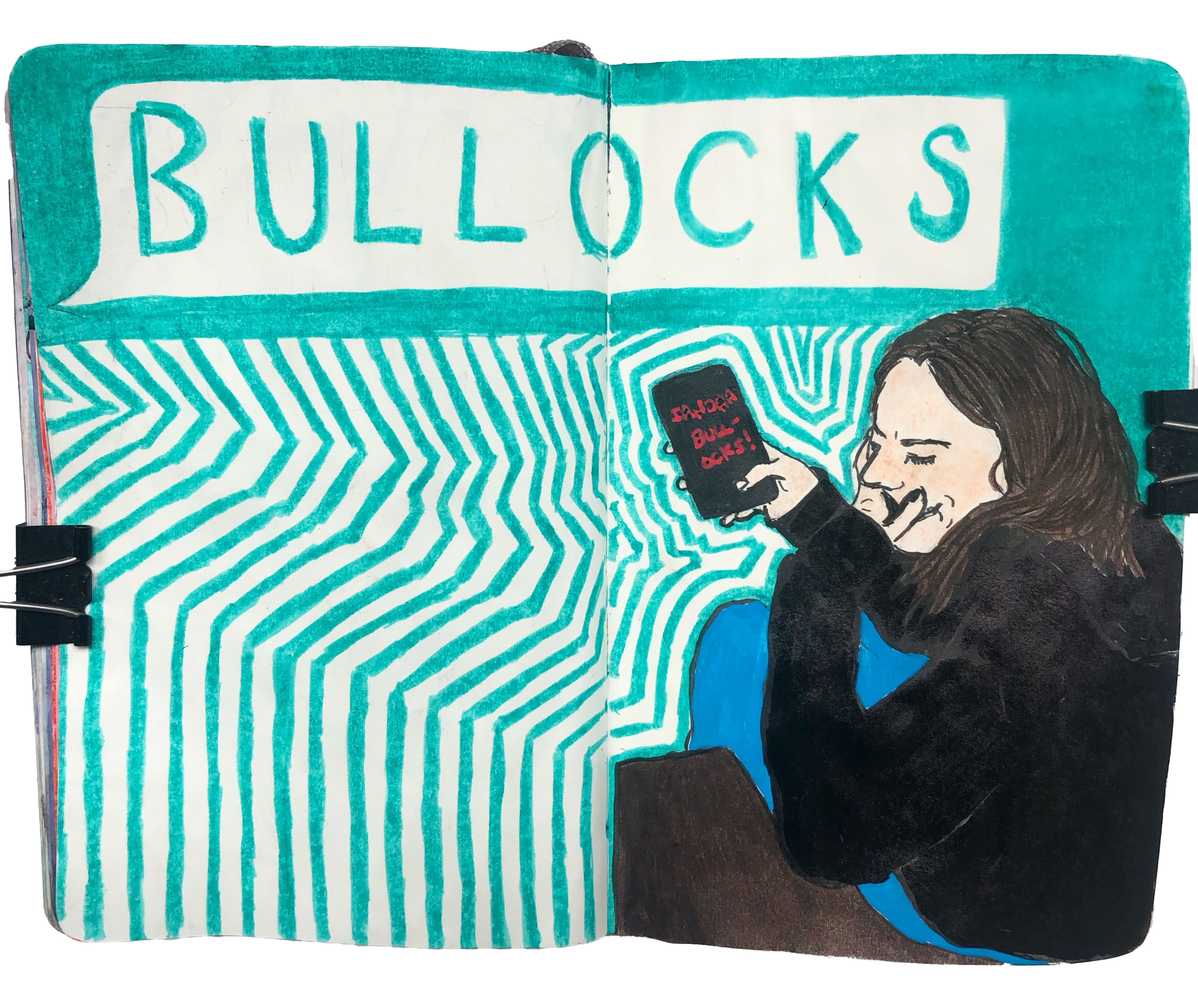 An art journal illustration of myself trying not to laugh at an American instructor saying bullocks instead of bollocks.
