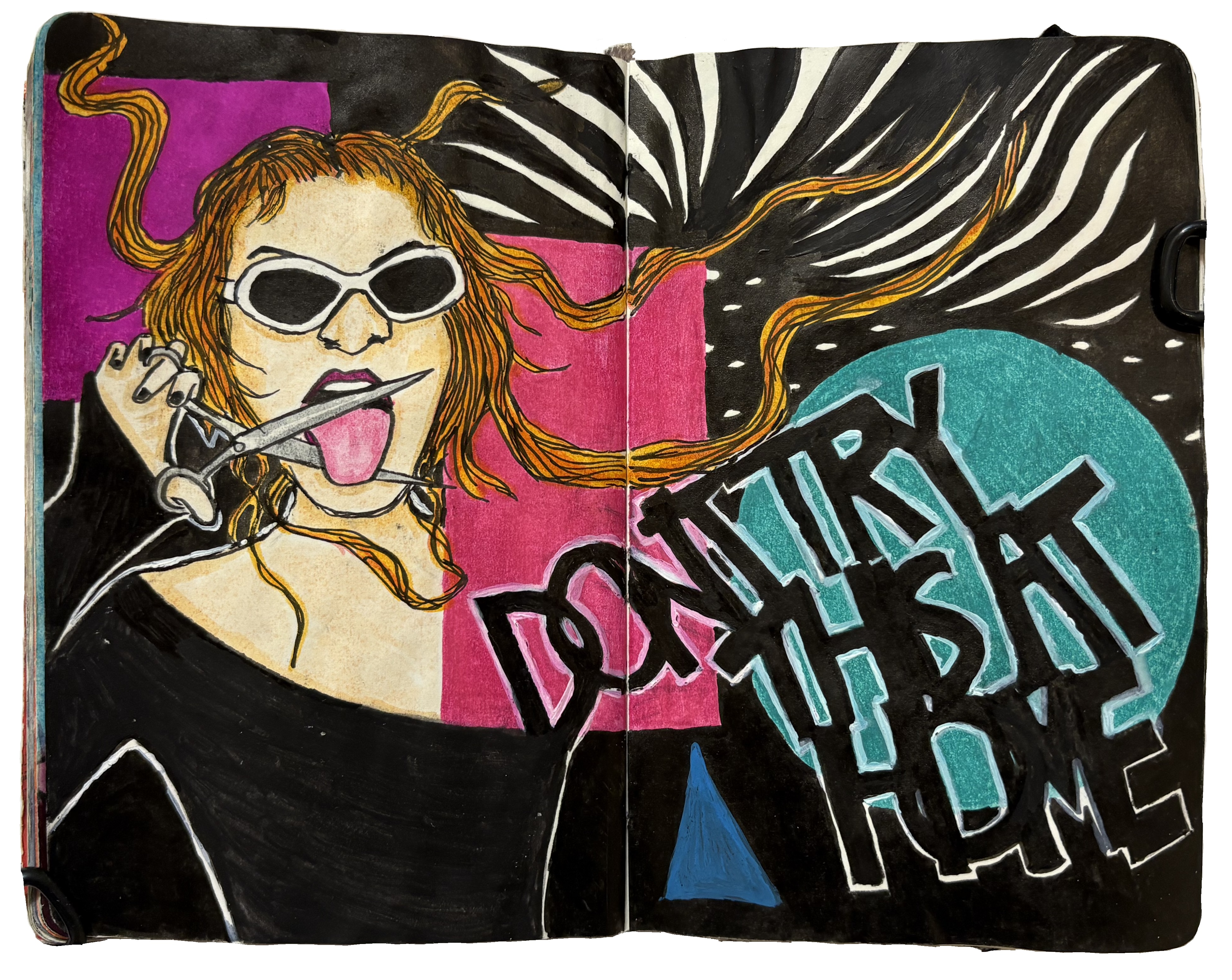 An art journal illustration of a woman wearing sunglasses and cutting out her tongue scissors with the words don't try this at home.