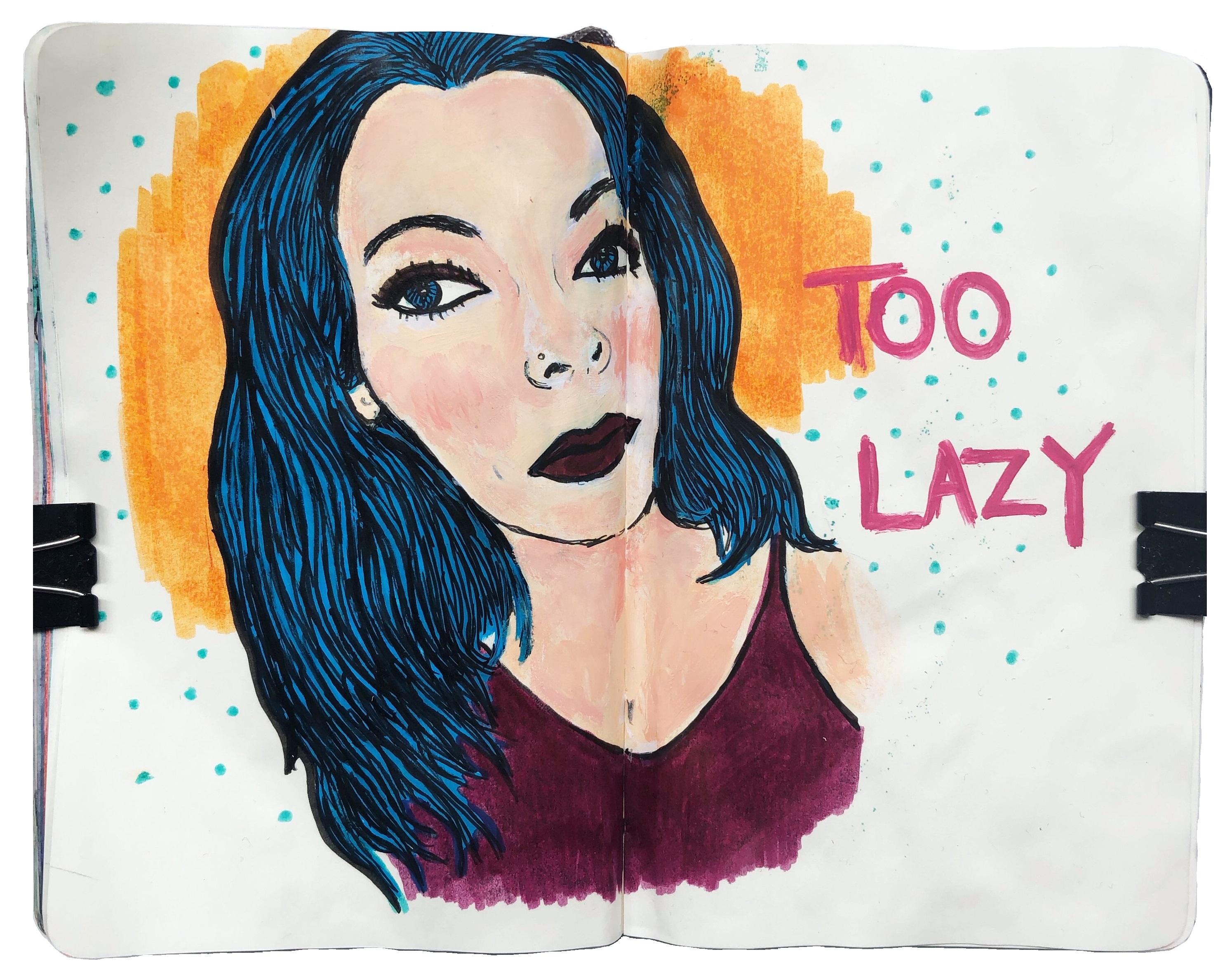 An art journal illustration of myself looking alternative and the words too lazy next to the self portrait.