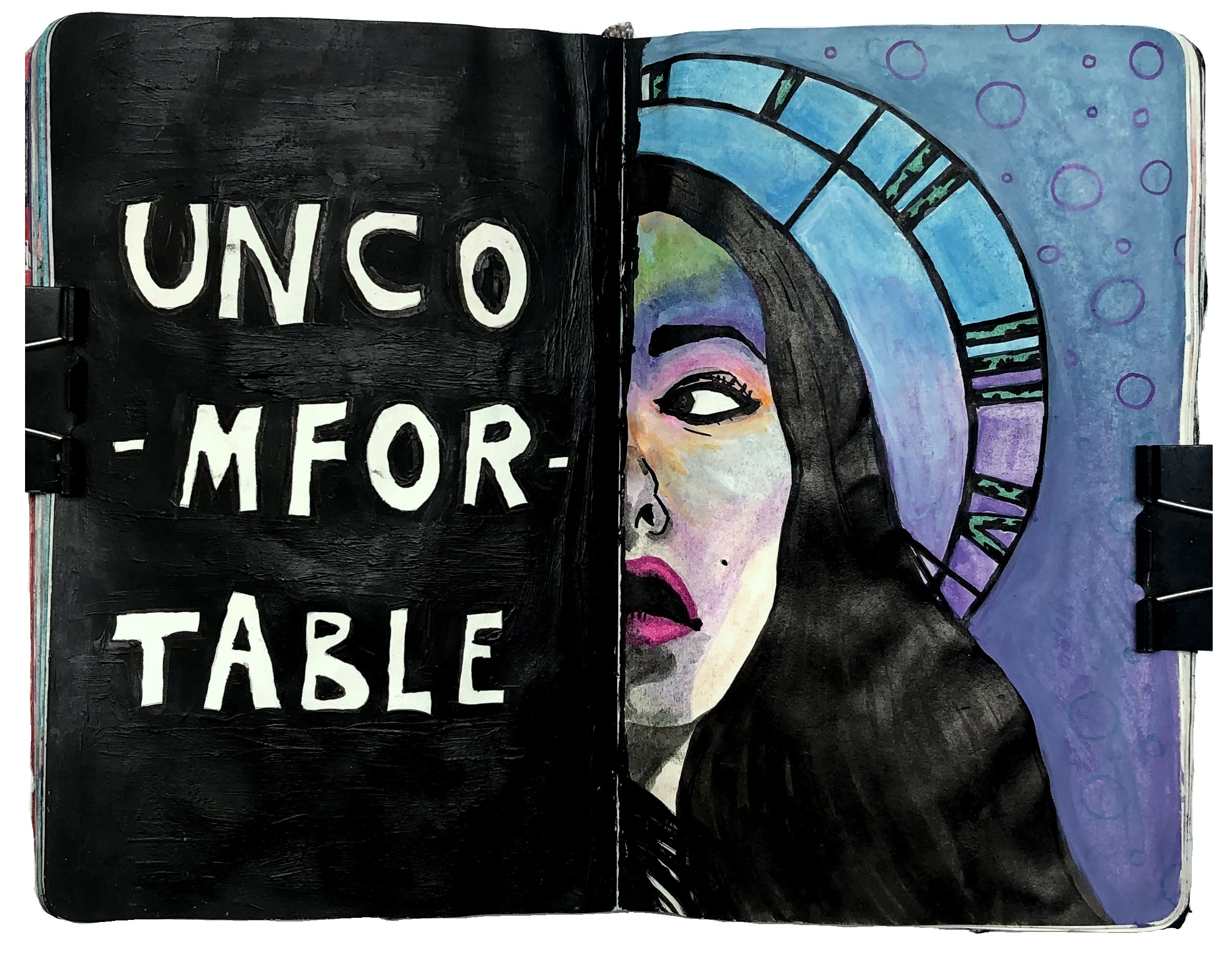 An art journal illustration with the word uncomfortable on the left and half of a woman's face in rainbow colors on the right.