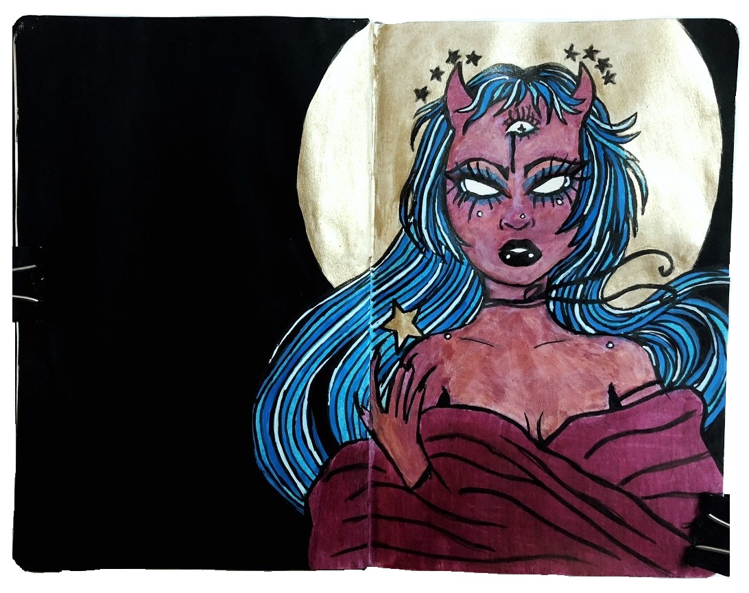 An art journal illustration of a horned demon women in front of a full moon for my first attempt at a draw this in your style challenge; original was by myrmidia on Instagram.