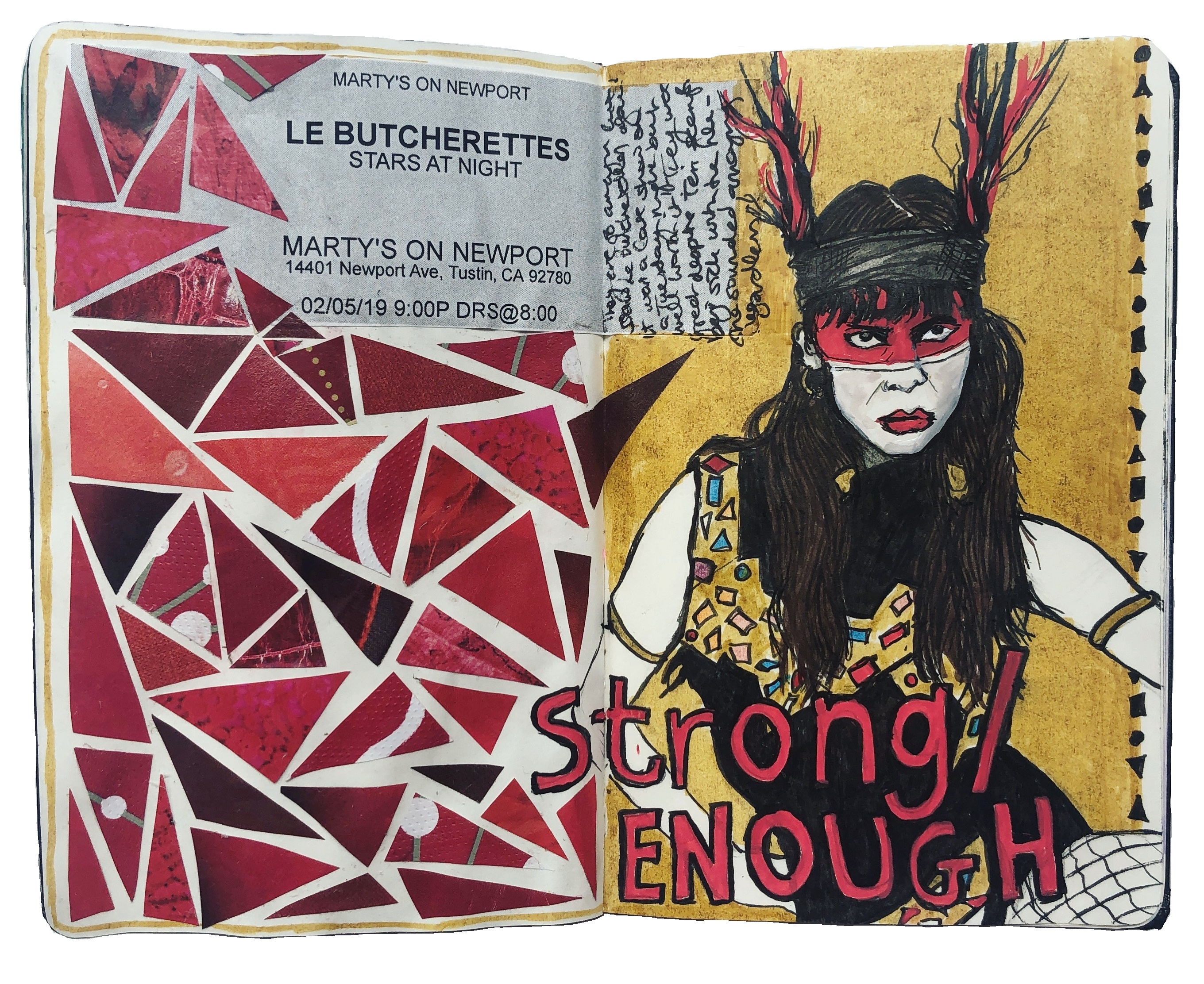A mixed media art journal illustration of Teri Gender Bender aka Teresa Suarez Cosio from Le Butcherettes after seeing them in concert.