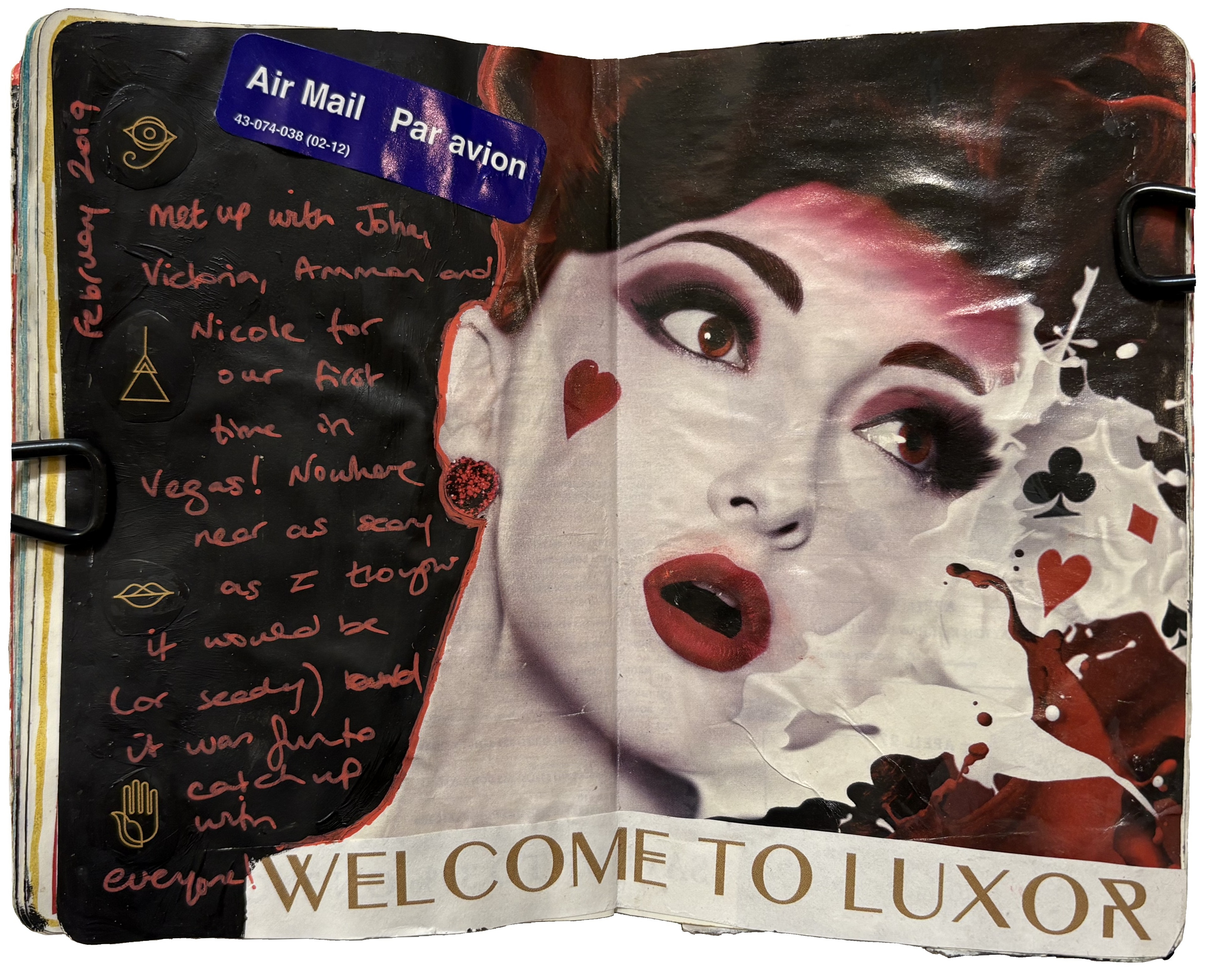 A collaged art journal page about a trip to Las Vegas, with an image of a woman with playing card symbols.