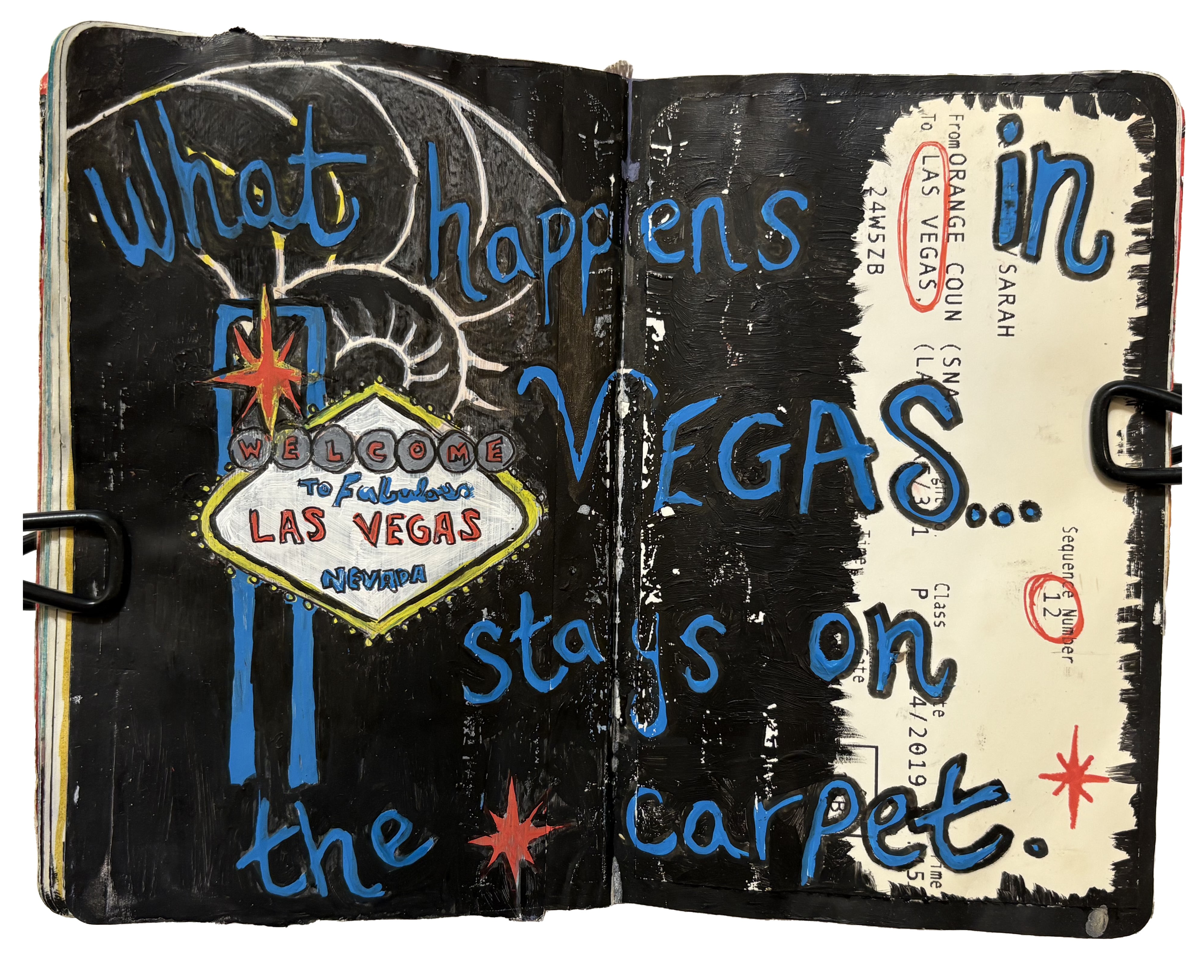 A messy art journal page about a trip to Las Vegas, with a quote by my sister-in-law: what happens in Vegas stays on the carpet.