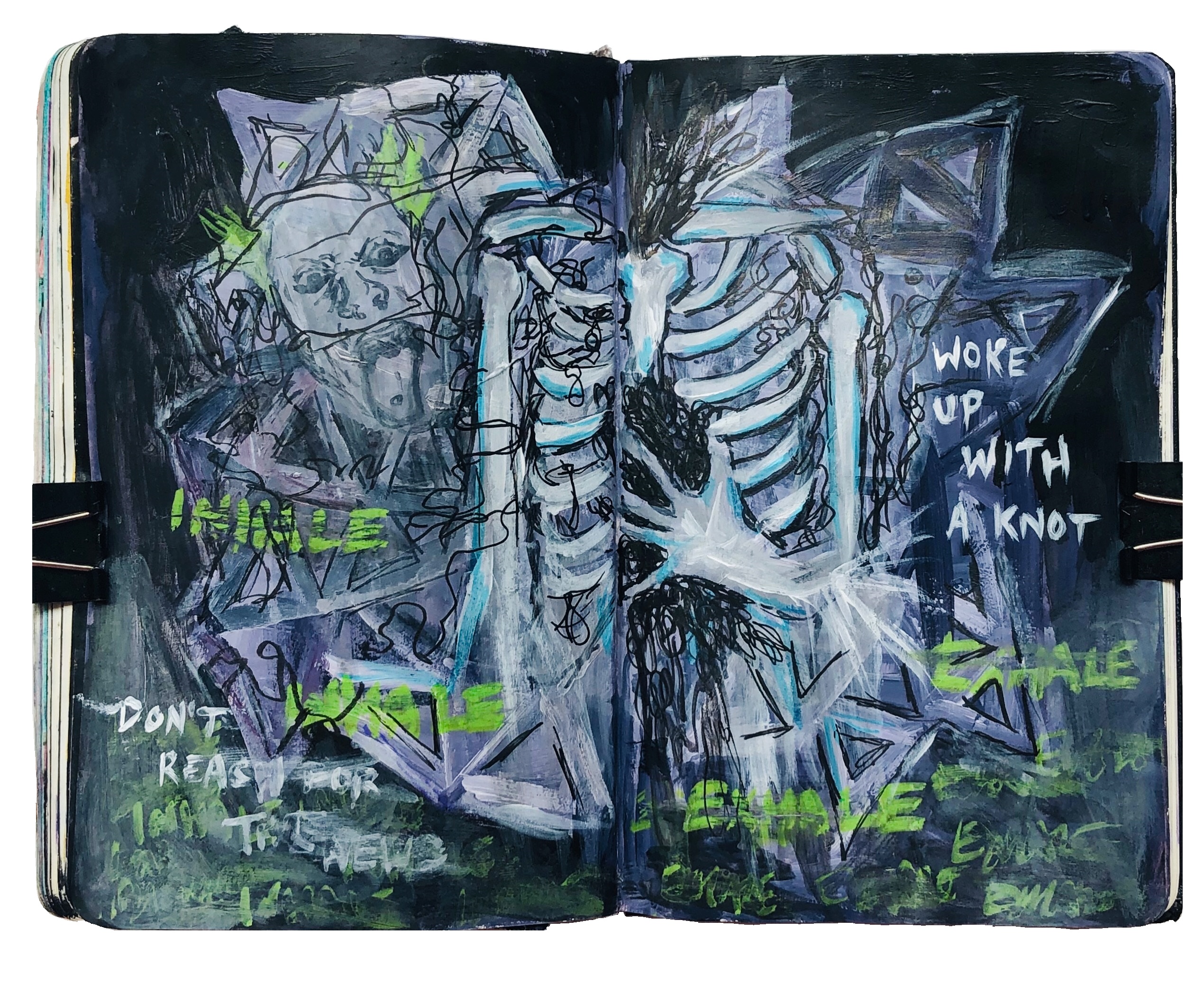 An art journal painting of a skeleton, Keith Flint, and lyrics from Breathe by The Prodigy, the spread was created as a tribute.