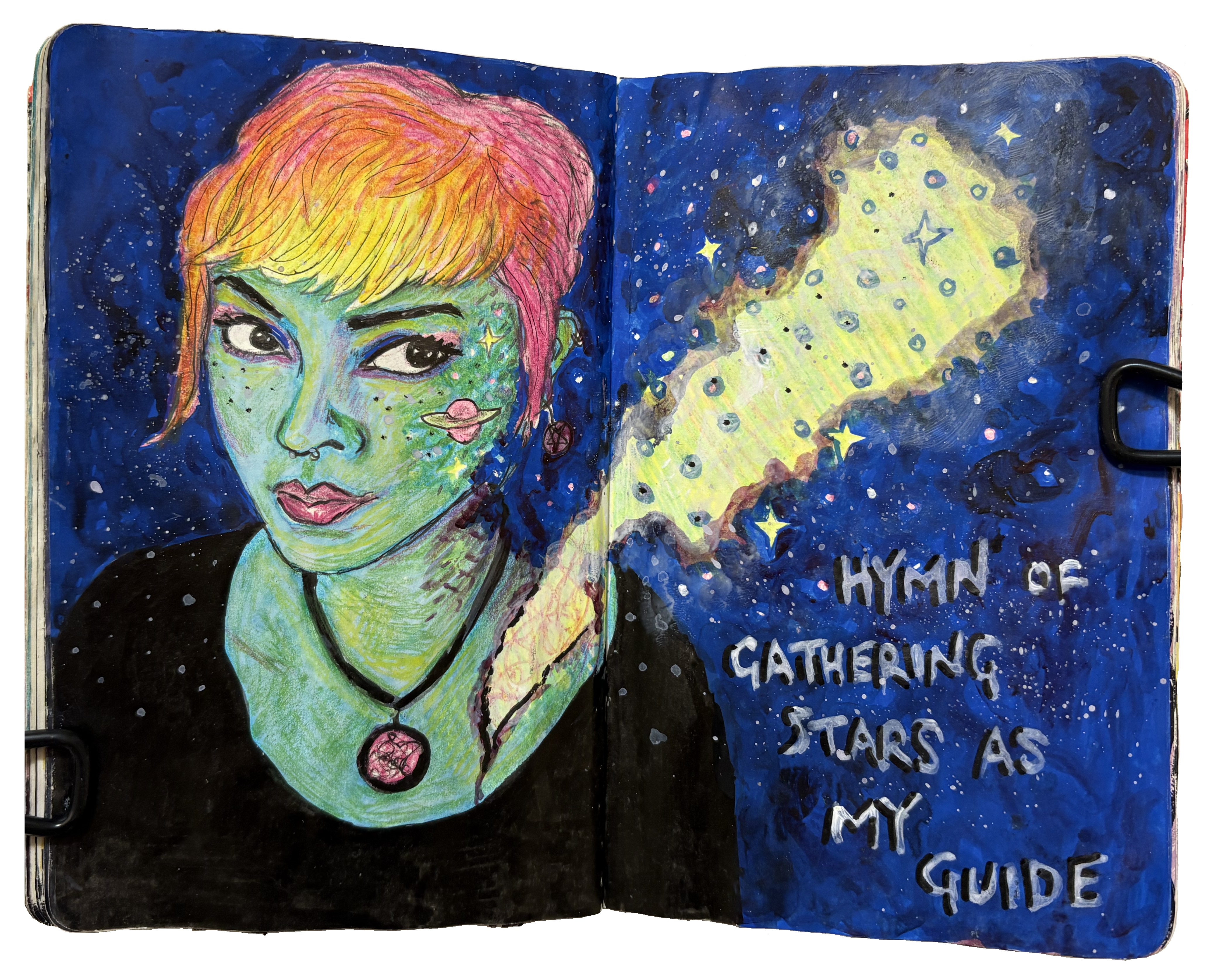 A mixed media art journal illustration of a neon alien woman in space with stars emerging from her heart and lyrics from Astral Romance by Nightwish. Drawing reference is supercoze via Sktchy.