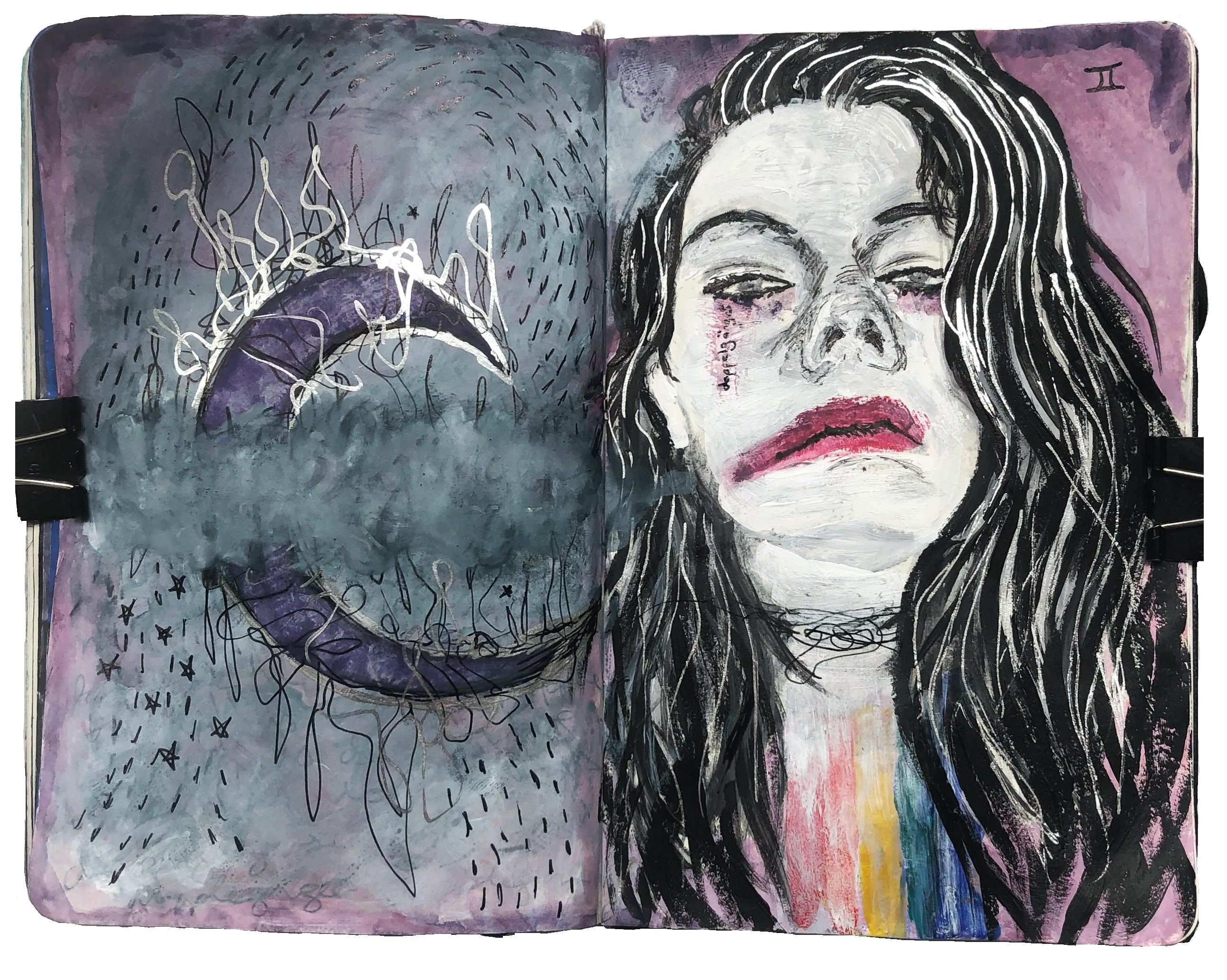 A mixed media art journal illustration of a moon and a self portrait with smeared lipstick.