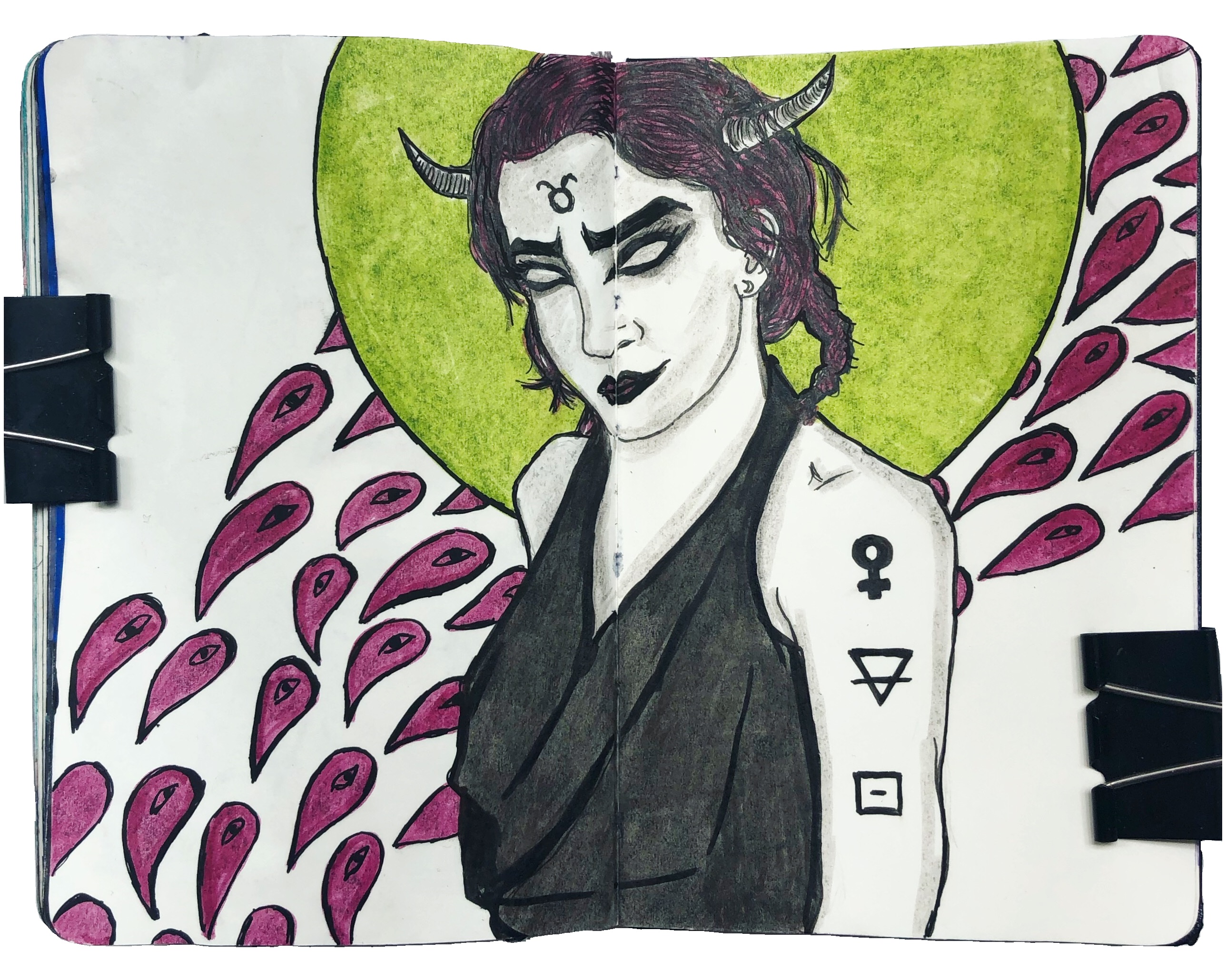 An art journal illustration of a demon woman with horns and tattoos representing Taurus season. Reference from Sktchy.