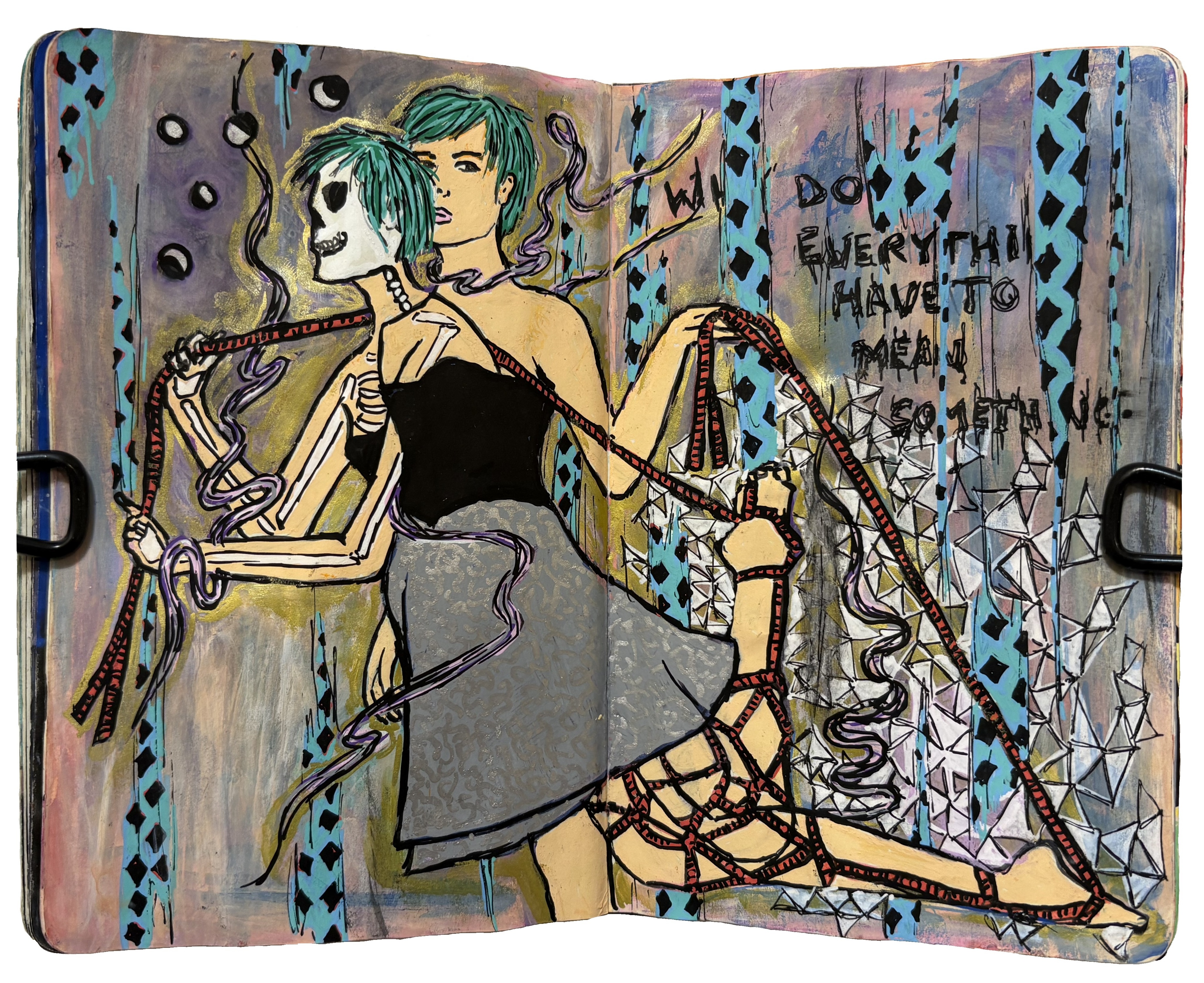 An art journal illustration with a double exposure drawing of a green haired woman and her skeleton performing shibari rope work. Drawing reference is oxenfr3e via Sktchy.