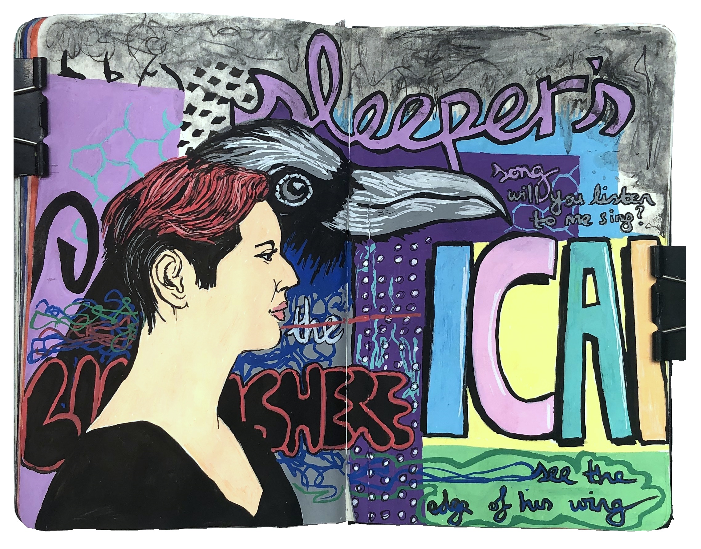 An art journal painting of a red haired woman stood in front of a crow and graffiti with lyrics from Sleeper by Katatonia. Drawing reference is maya_prabhakar on Sktchy.