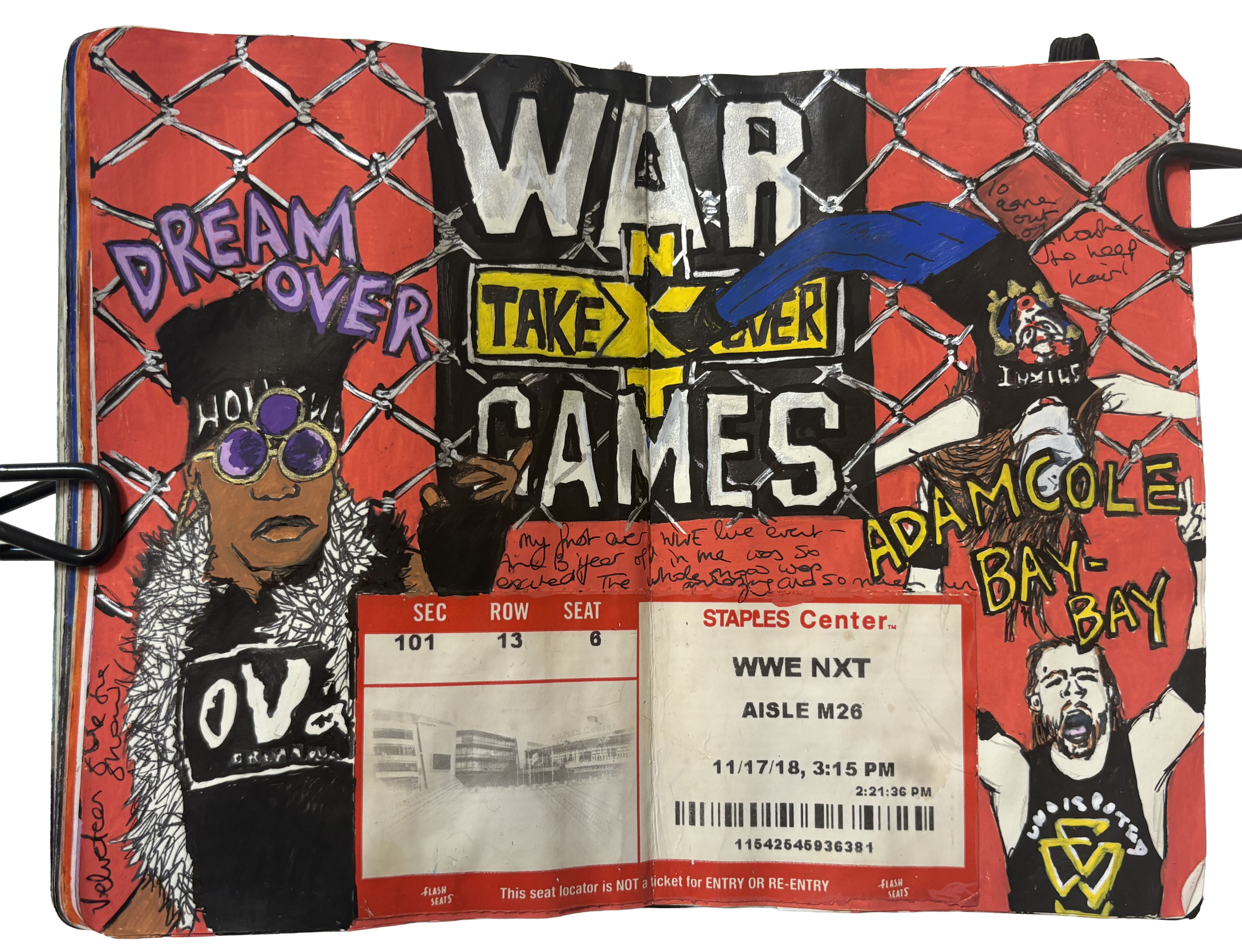 A mixed media art journal illustration of WWE NXT wrestlers Adam Cole, Io Shirai, and Velveteen Dream (before his scandal) after seeing them live at War Games Los Angeles.