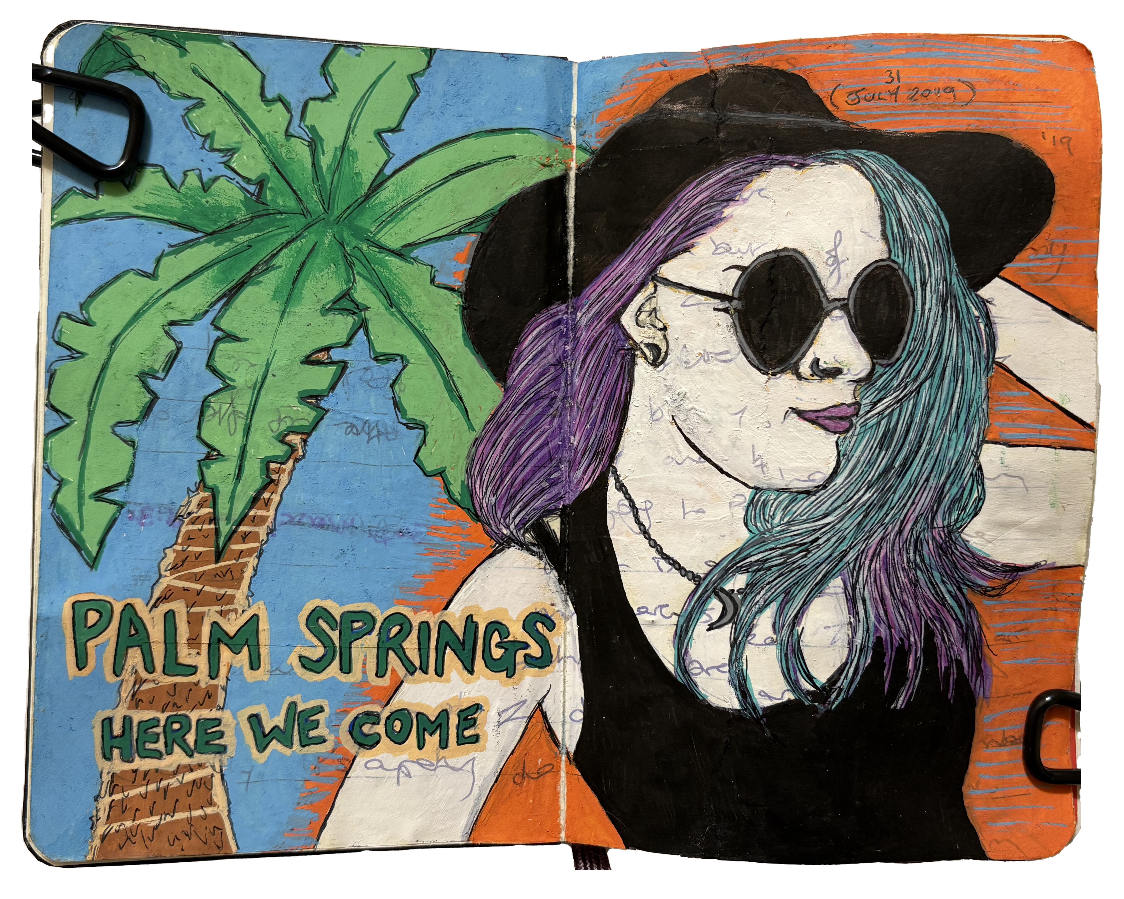 An art journal illustration of a purple and teal haired woman in sunglasses and a black sunhat next to a palm tree and the words Palm Springs here we come. Drawing reference from Sktchy.