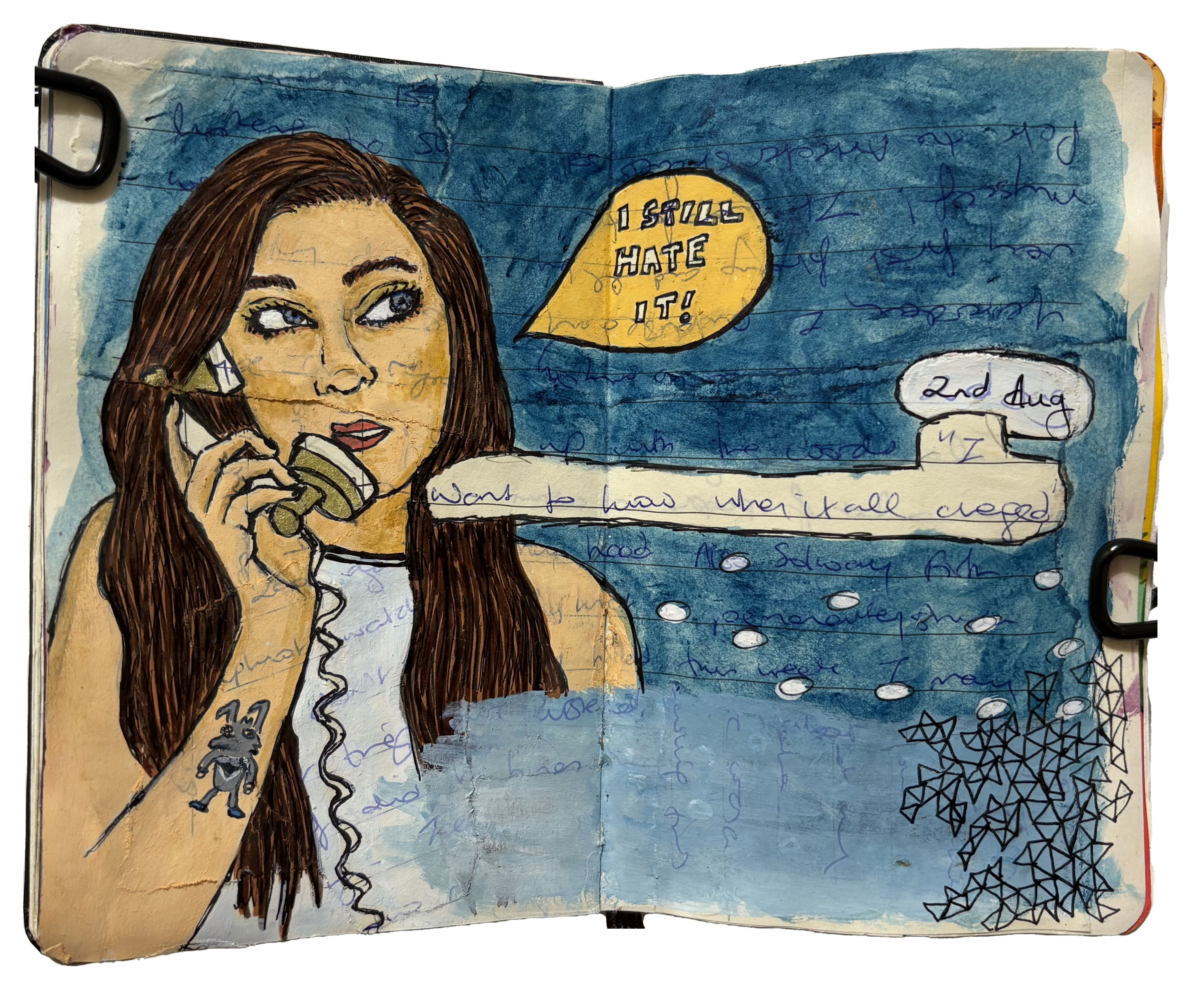 An art journal illustration of a brunette woman talking on a rotary telephone saying I still hate it! Drawing reference from Sktchy.
