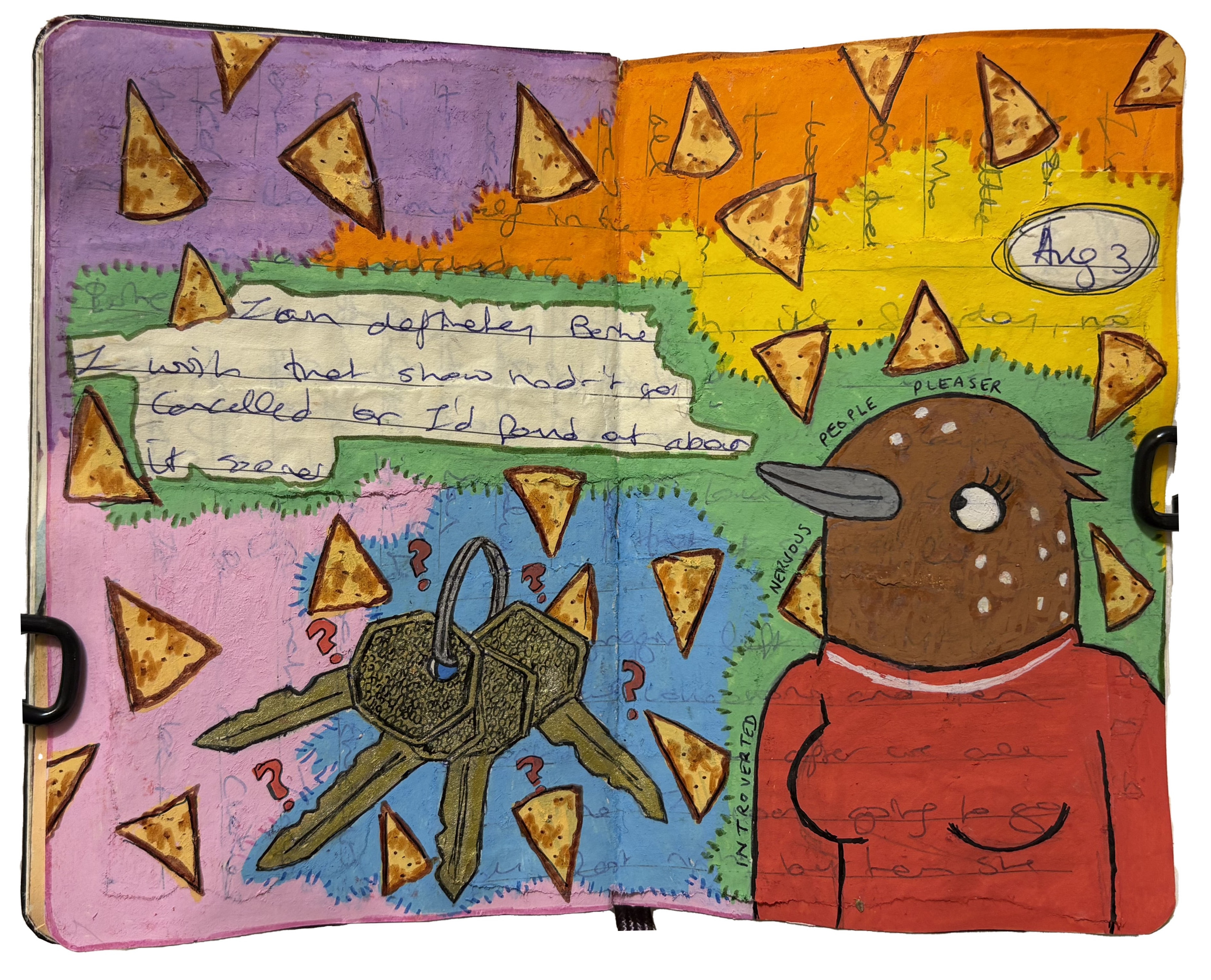 An art journal illustration of Bertie from the TV show Tuca and Bertie next to keys and tortilla chips.