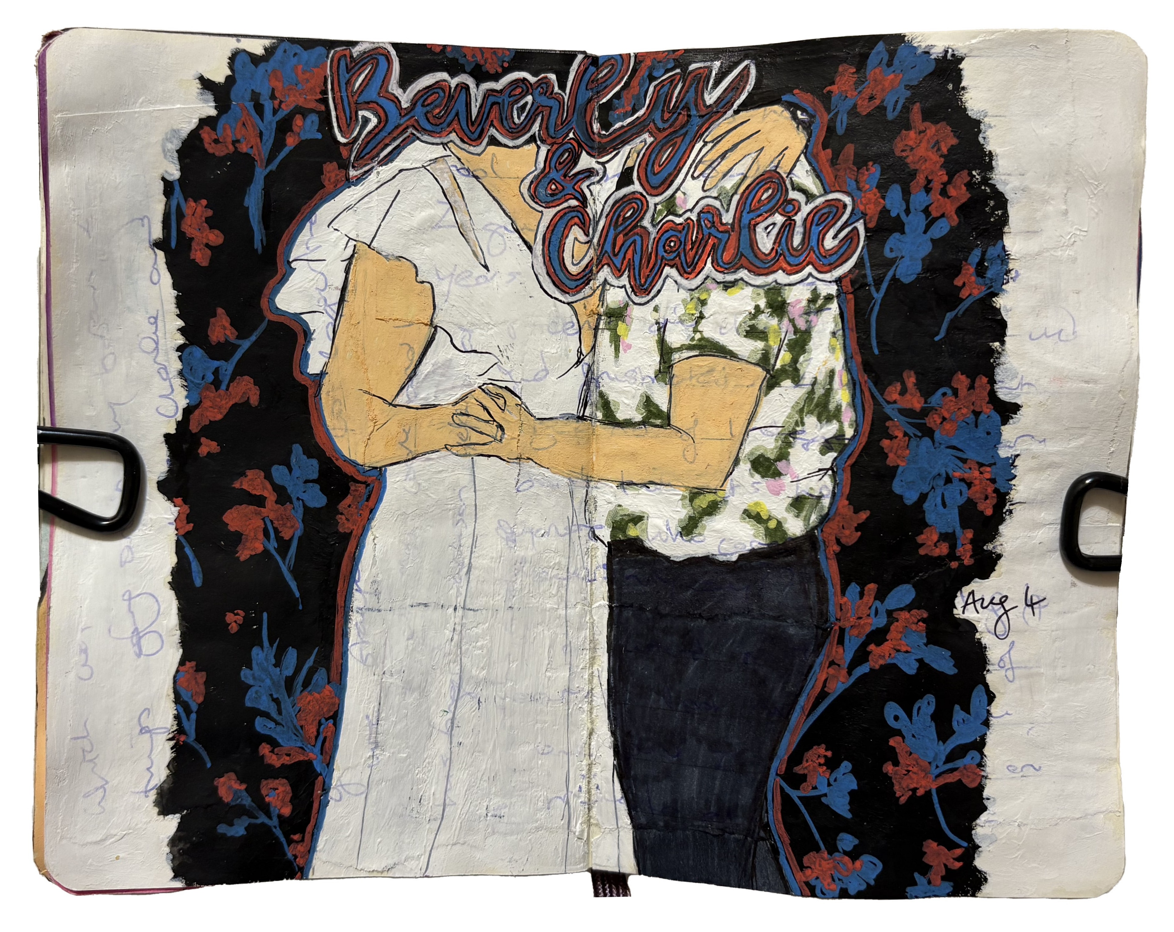 An art journal illustration of a married couple having their first dance against a background of flowers.