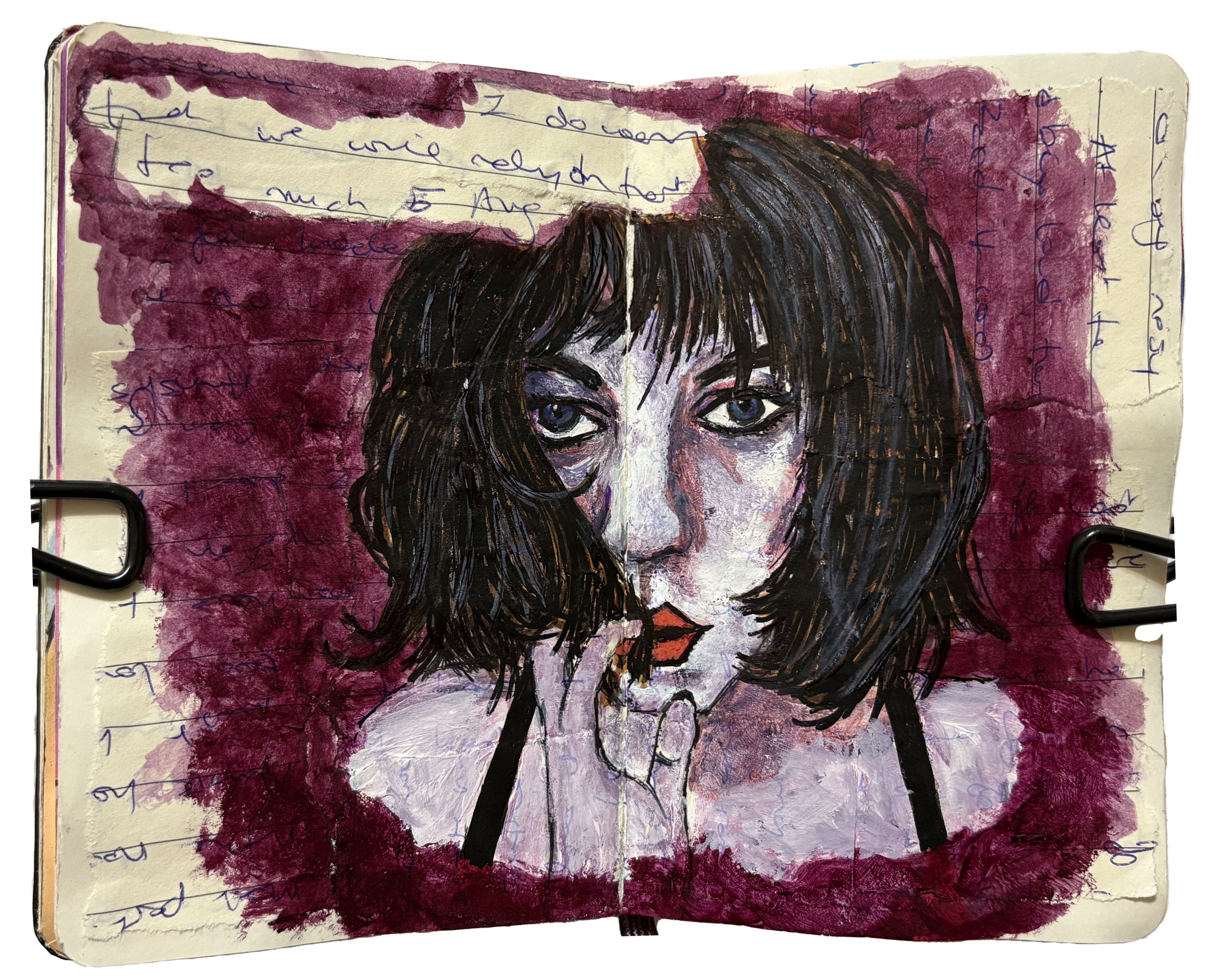An art journal illustration of a goth woman with her hand to her mouth.