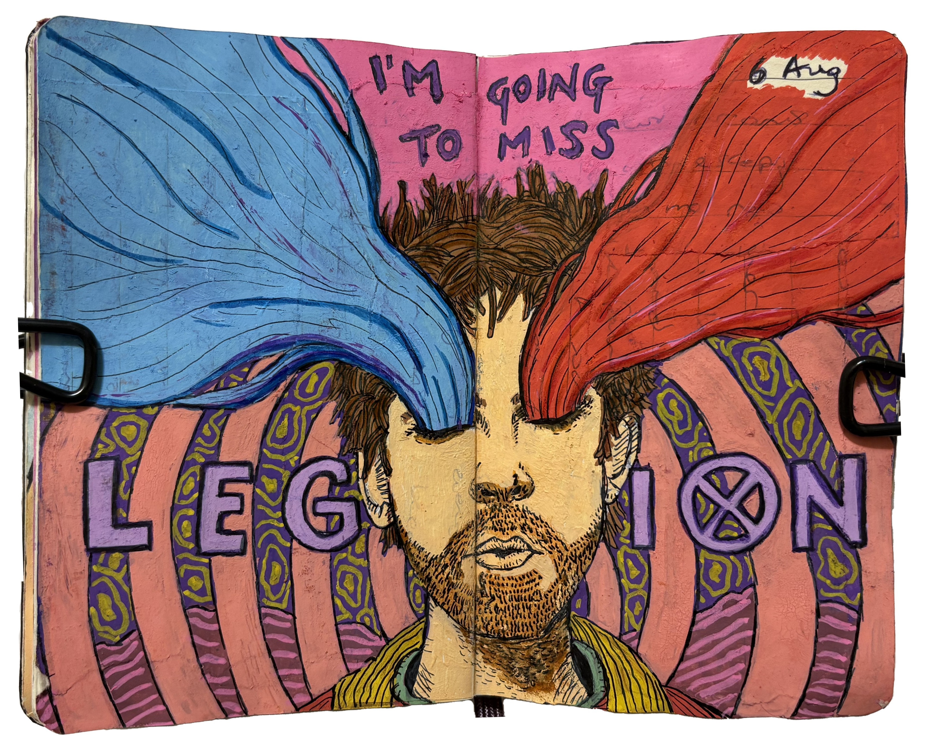 An art journal illustration of a David Haller from the FX television show Legion and a psychedelic background.