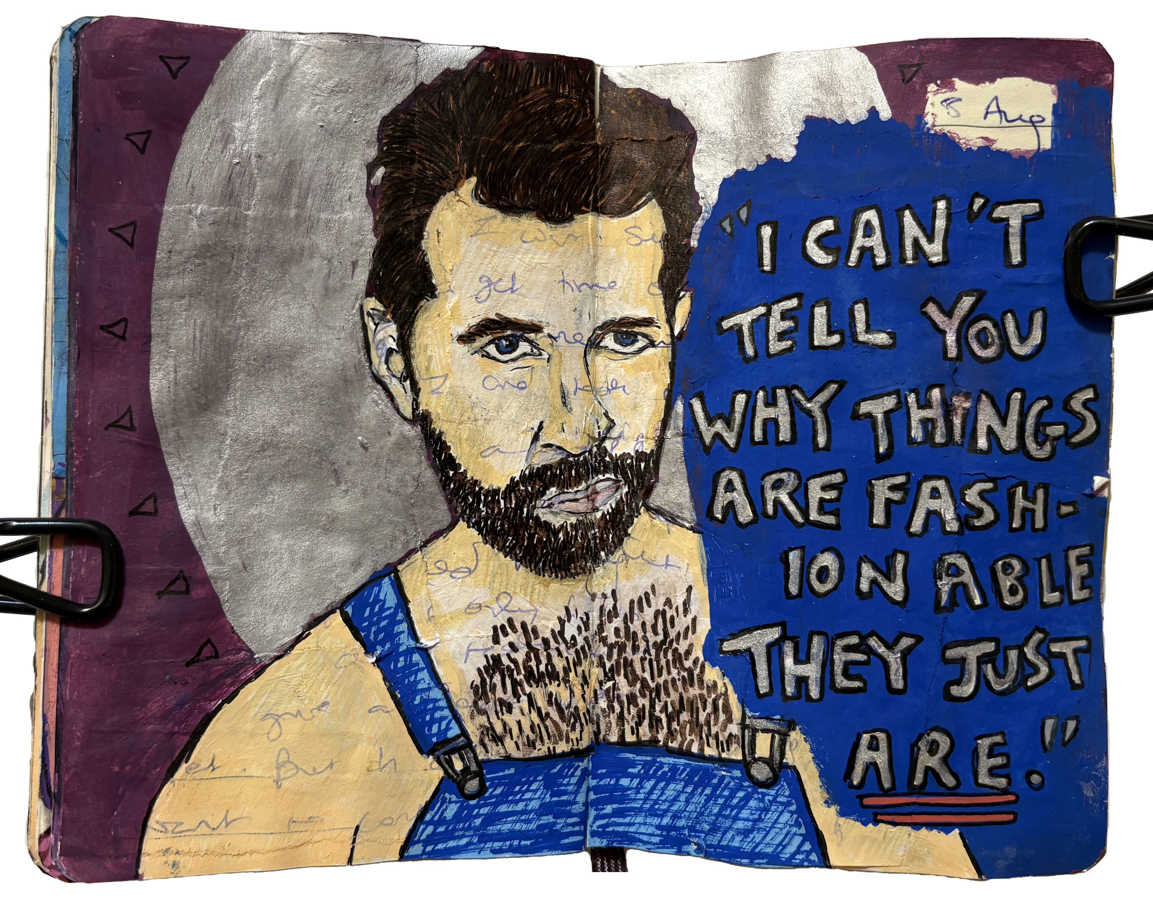 An art journal illustration from a dream of Billy Eichner wearing overalls and giving me fashion advice.