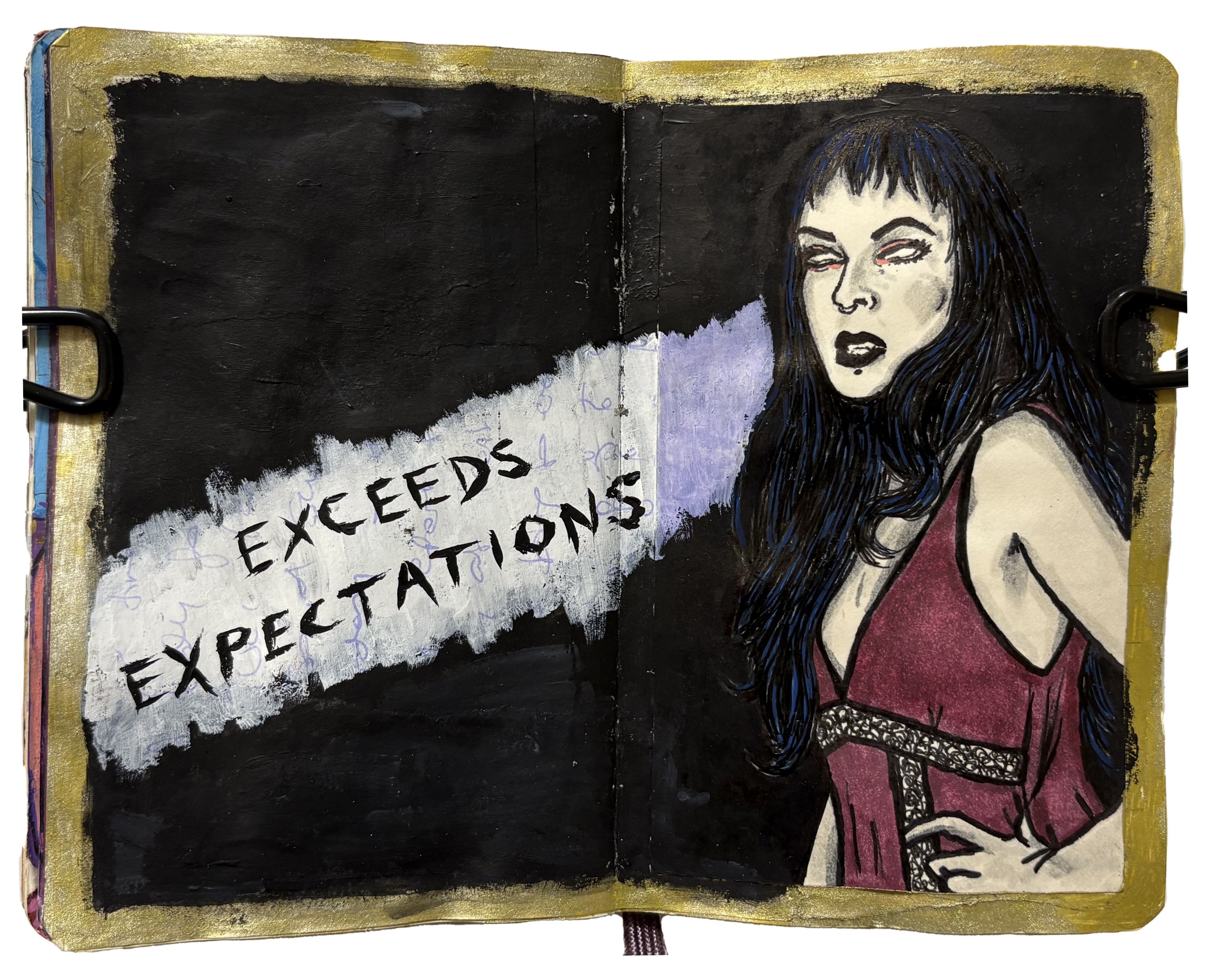 An art journal illustration of a dark demon woman (reference from Sktchy) with the words exceeds expectations next to her.