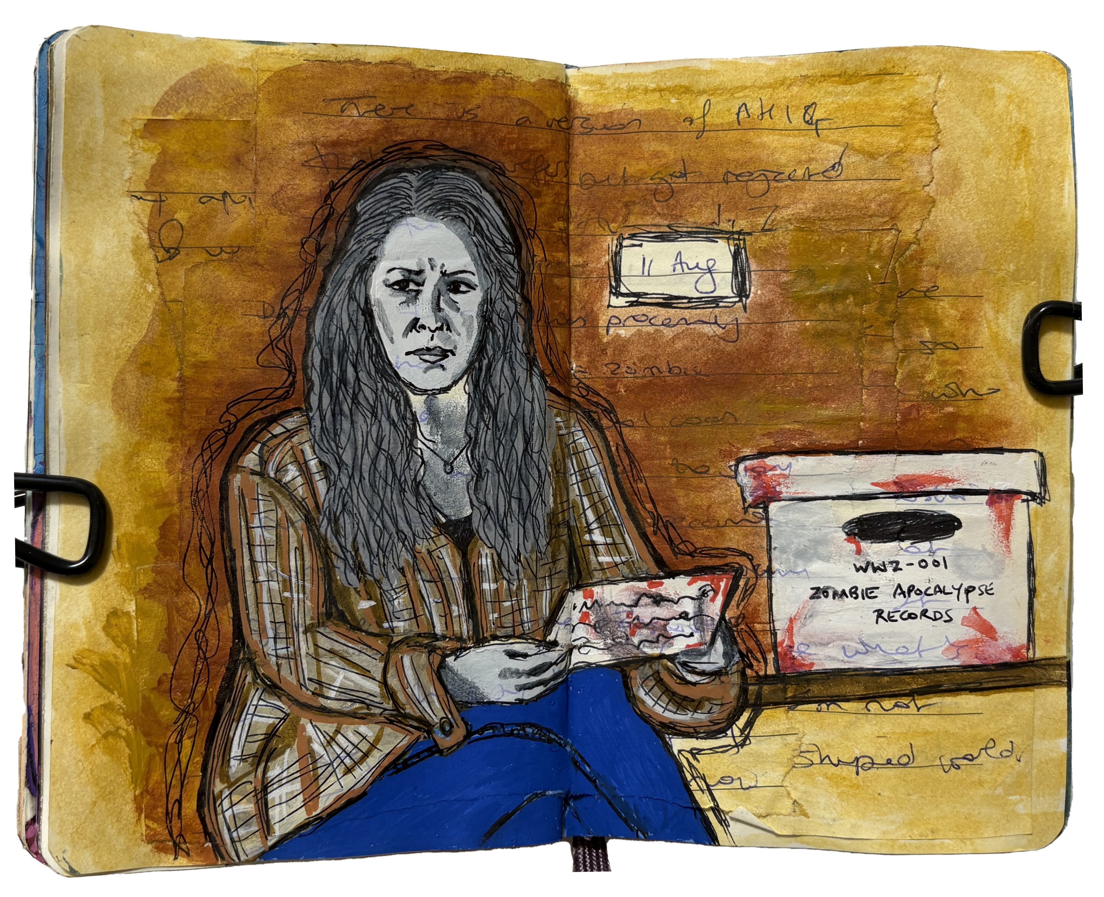An art journal illustration of a dream about Carol from The Walking Dead with archives from the zombie apocalypse.
