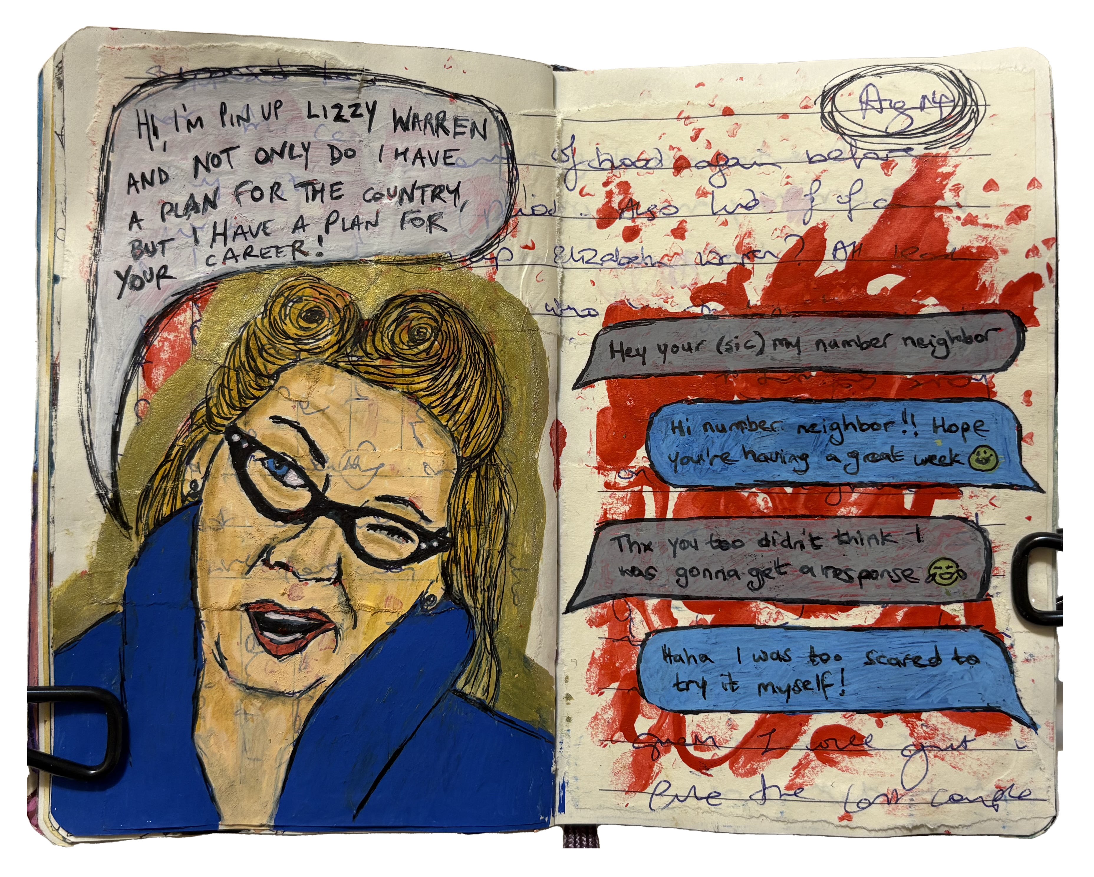 An art journal illustration of a dream about a pin-up Elizabeth Warren giving me career advice and a number neighbor text message conversation I had next to her.