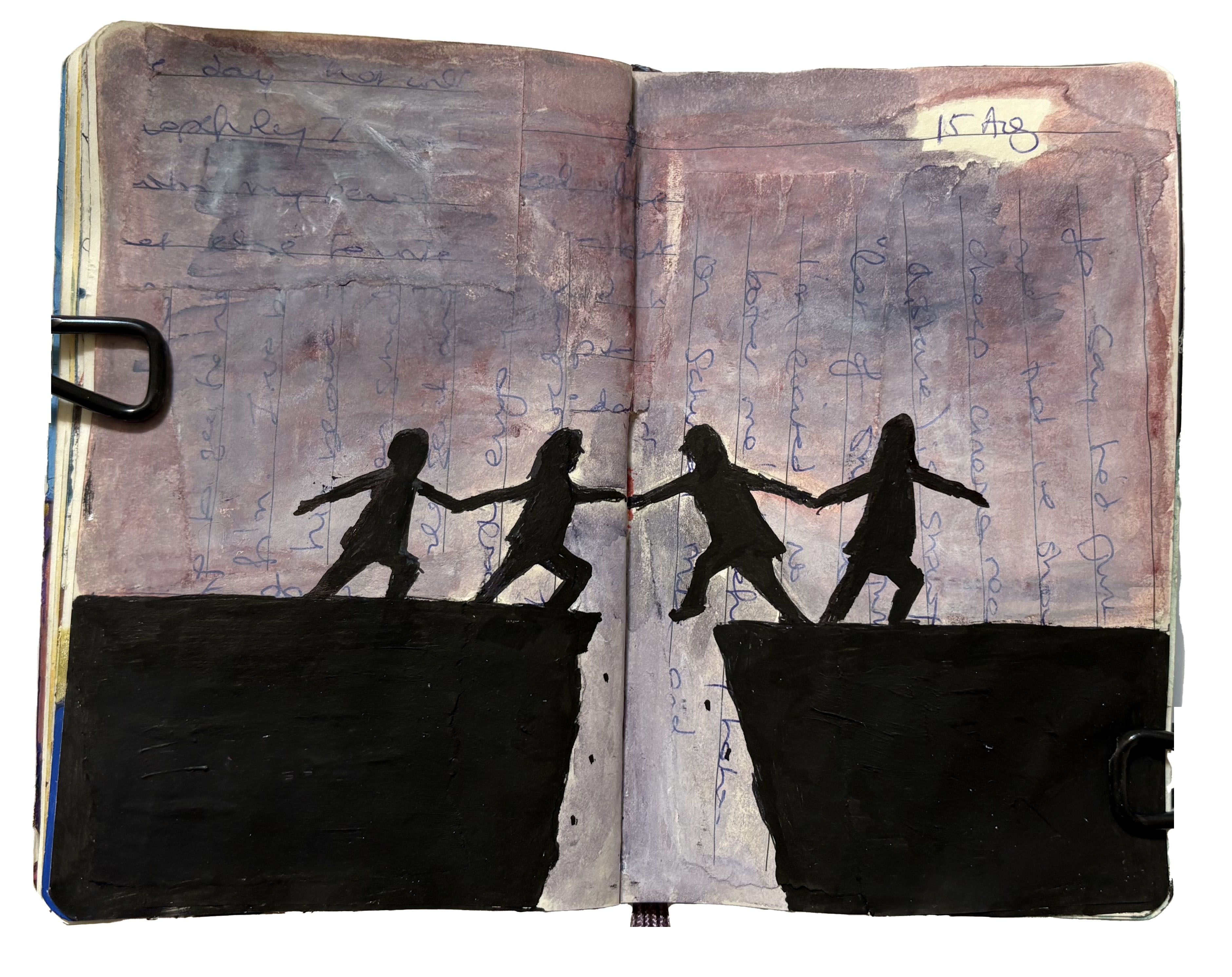 An art journal illustration of a silhouette of people helping each other over a chasm.