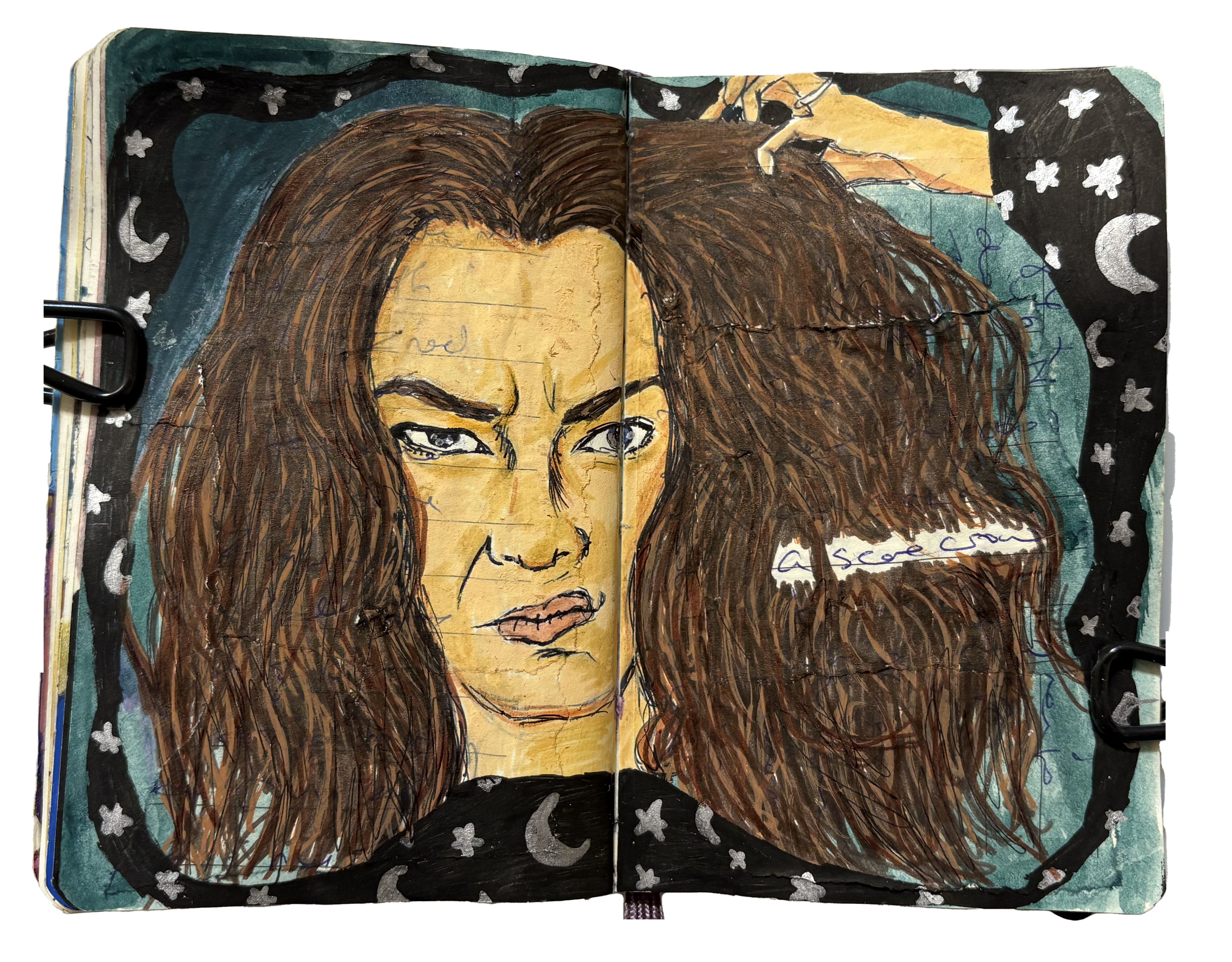 An art journal illustration of myself pulling my scarecrow hair and looking grumpy.