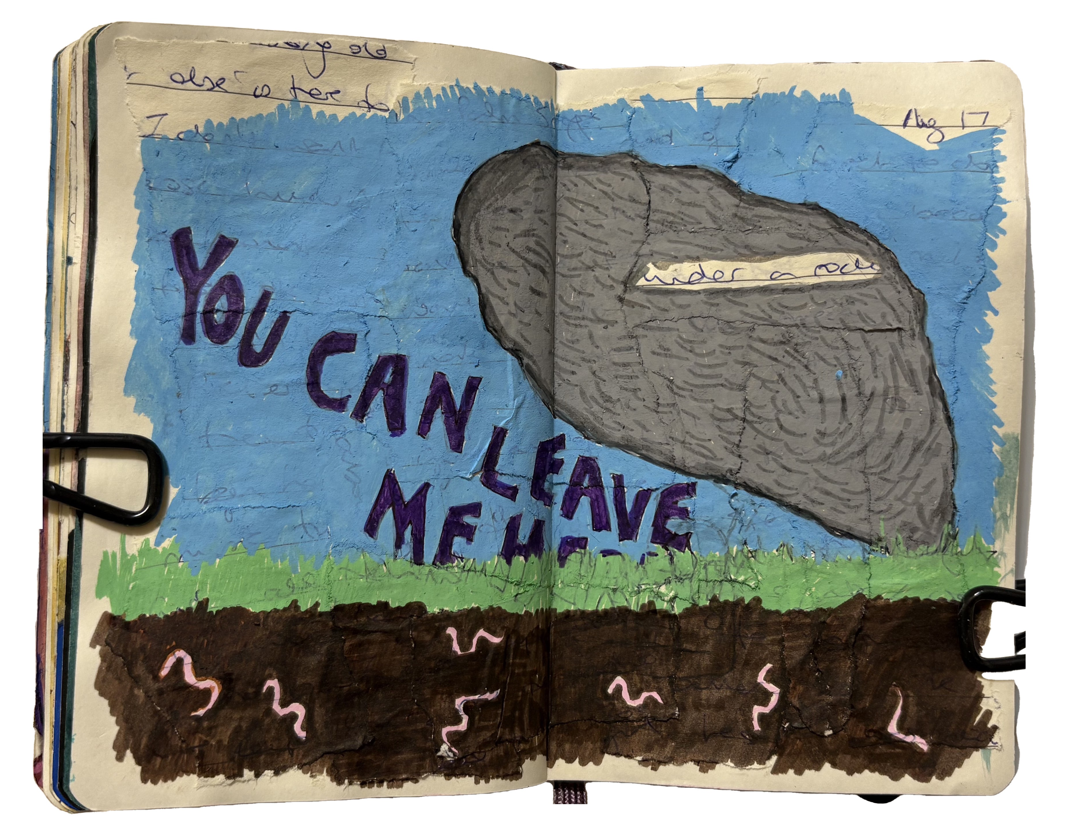 A mixed media art journal illustration of a rock that has been lifted up with the words just leave me here underneath it.