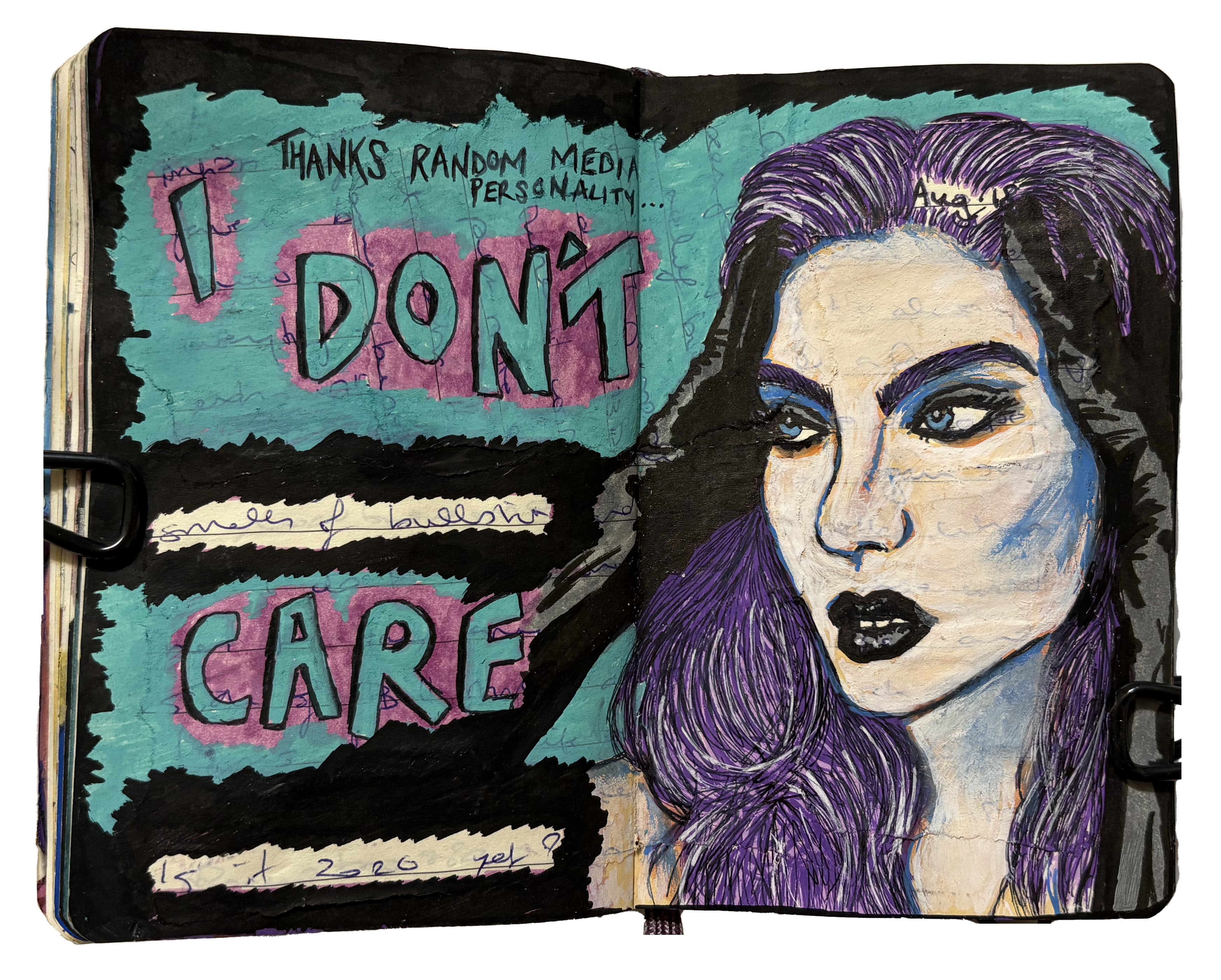An art journal illustration of a witchy woman with purple hair in despair, with the words Thanks random media personality... I don’t care next to her.