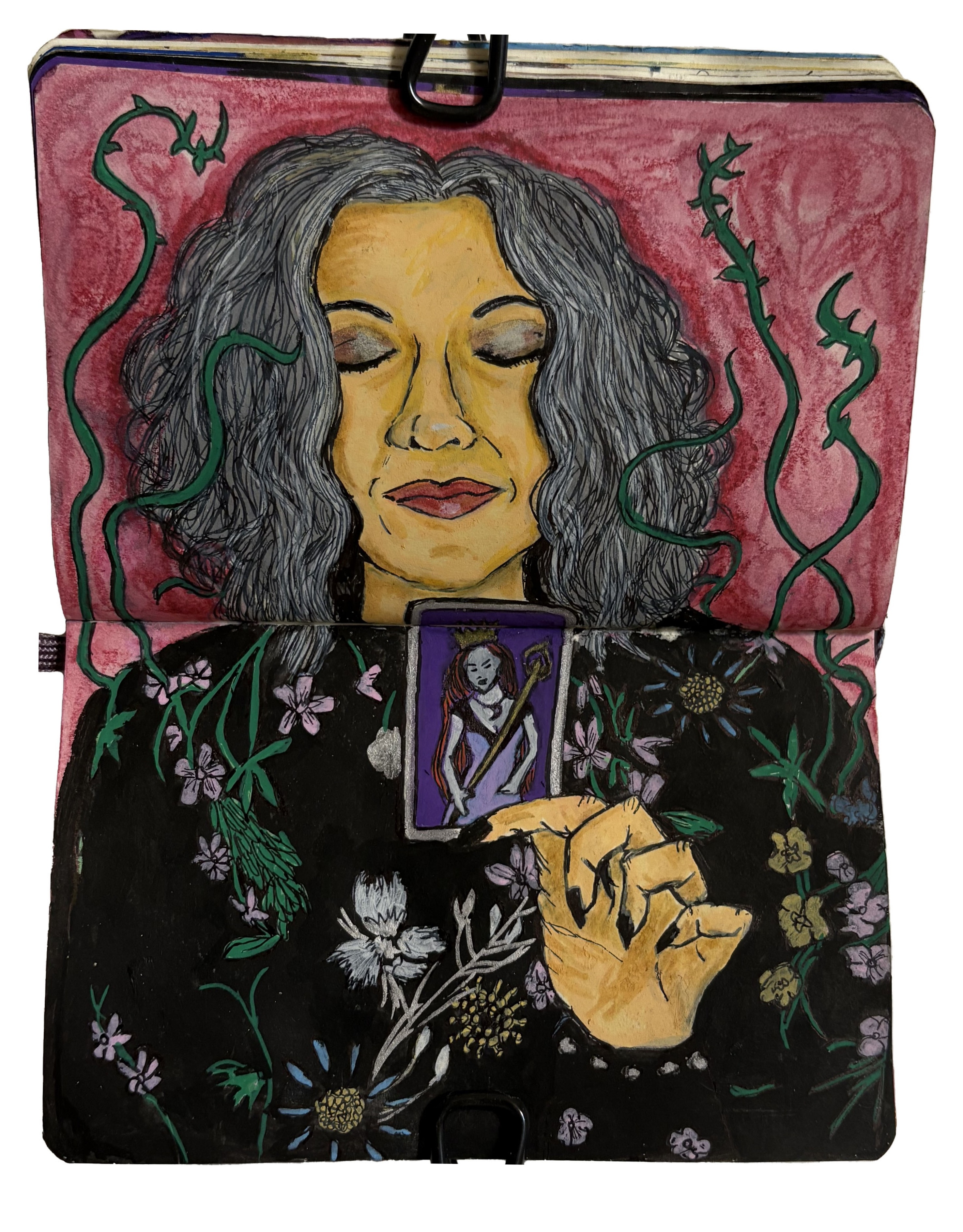 An art journal illustration of a grey haired woman in a floral blouse holding up the queen of wands tarot card. Drawing reference is suzanacolon via Sktchy.