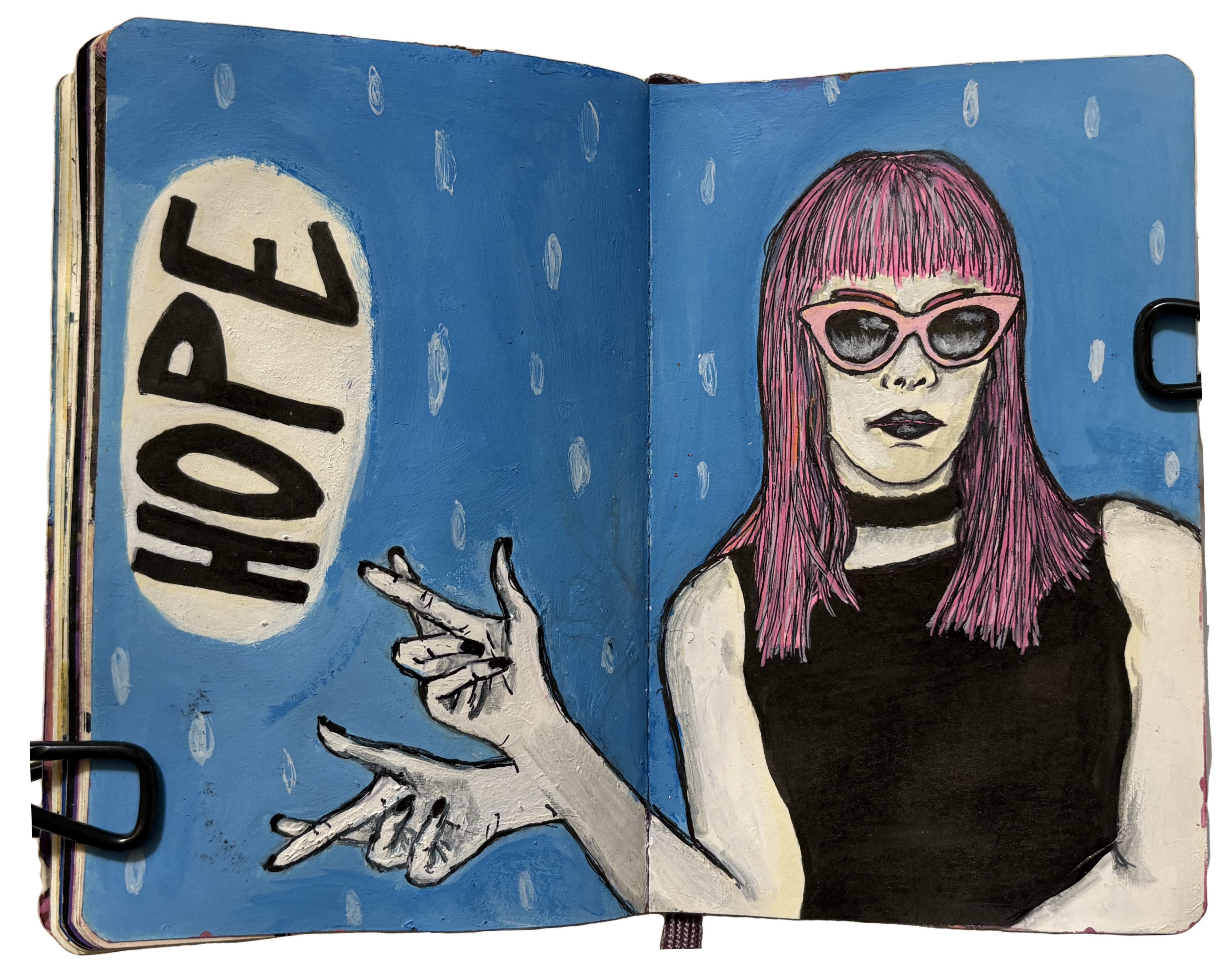 An art journal illustration of a pink haired alternative woman in sunglasses with double hands and fingers crossed with the word hope next to her. Drawing reference from Sktchy.