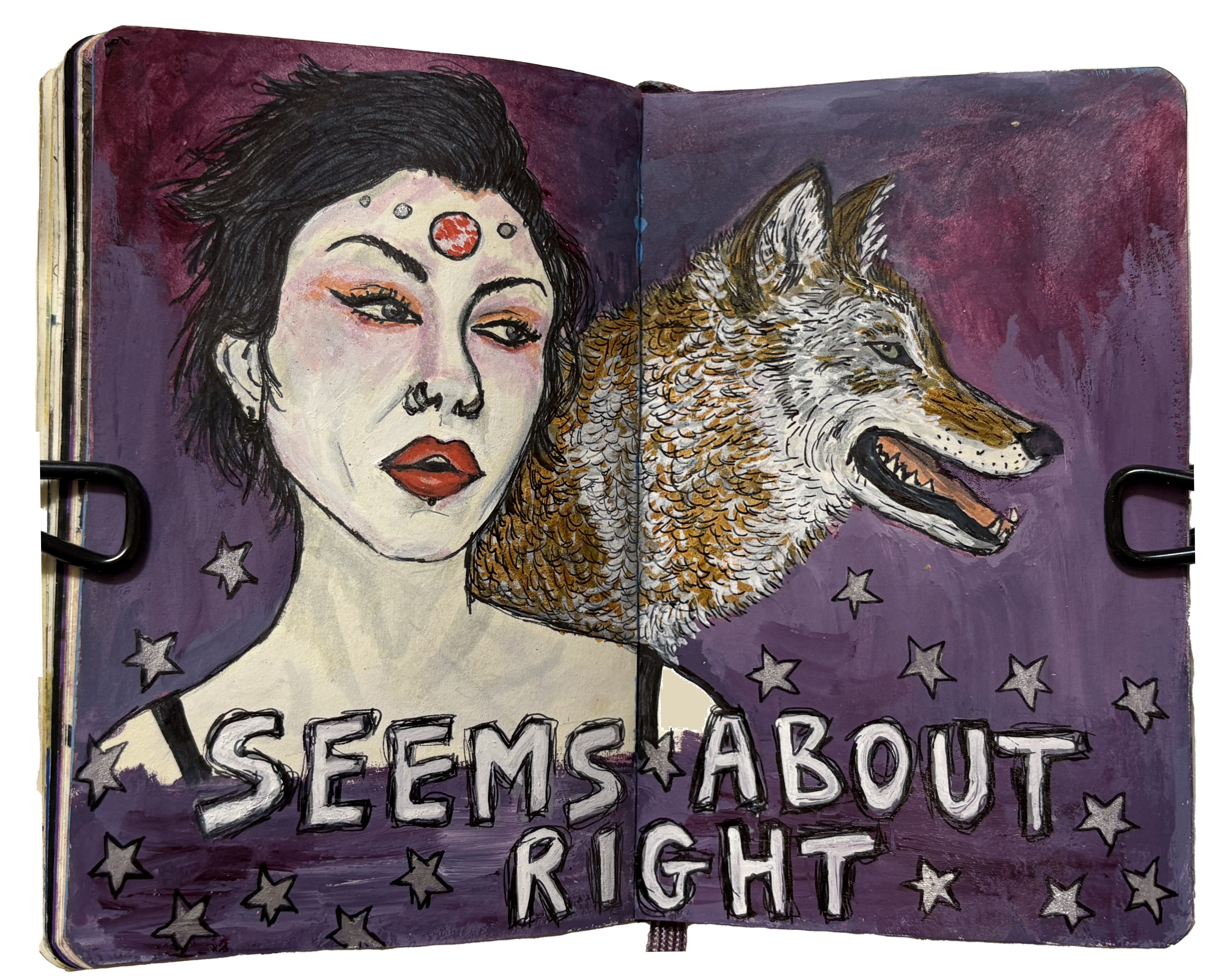 An art journal illustration of a pale woman with a moon on her forehead and a wolf next to her with doodles of stars and the words seems about right underneath.