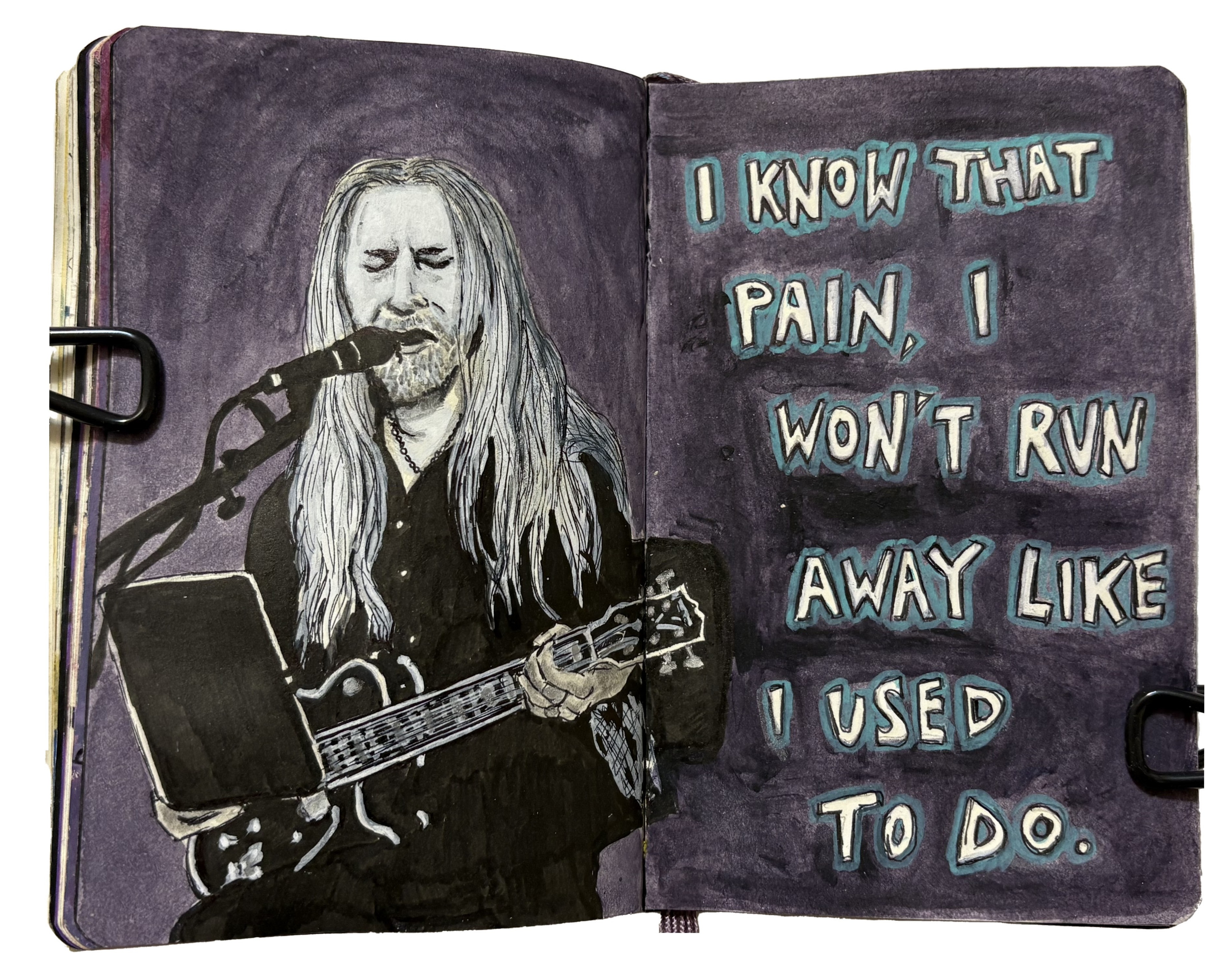 An art journal illustration of Jerry Cantrell singing and playing the guitar from when I saw his solo show in Los Angeles in December 2019 with lyrics from the Alice in Chains song Brother next to him.
