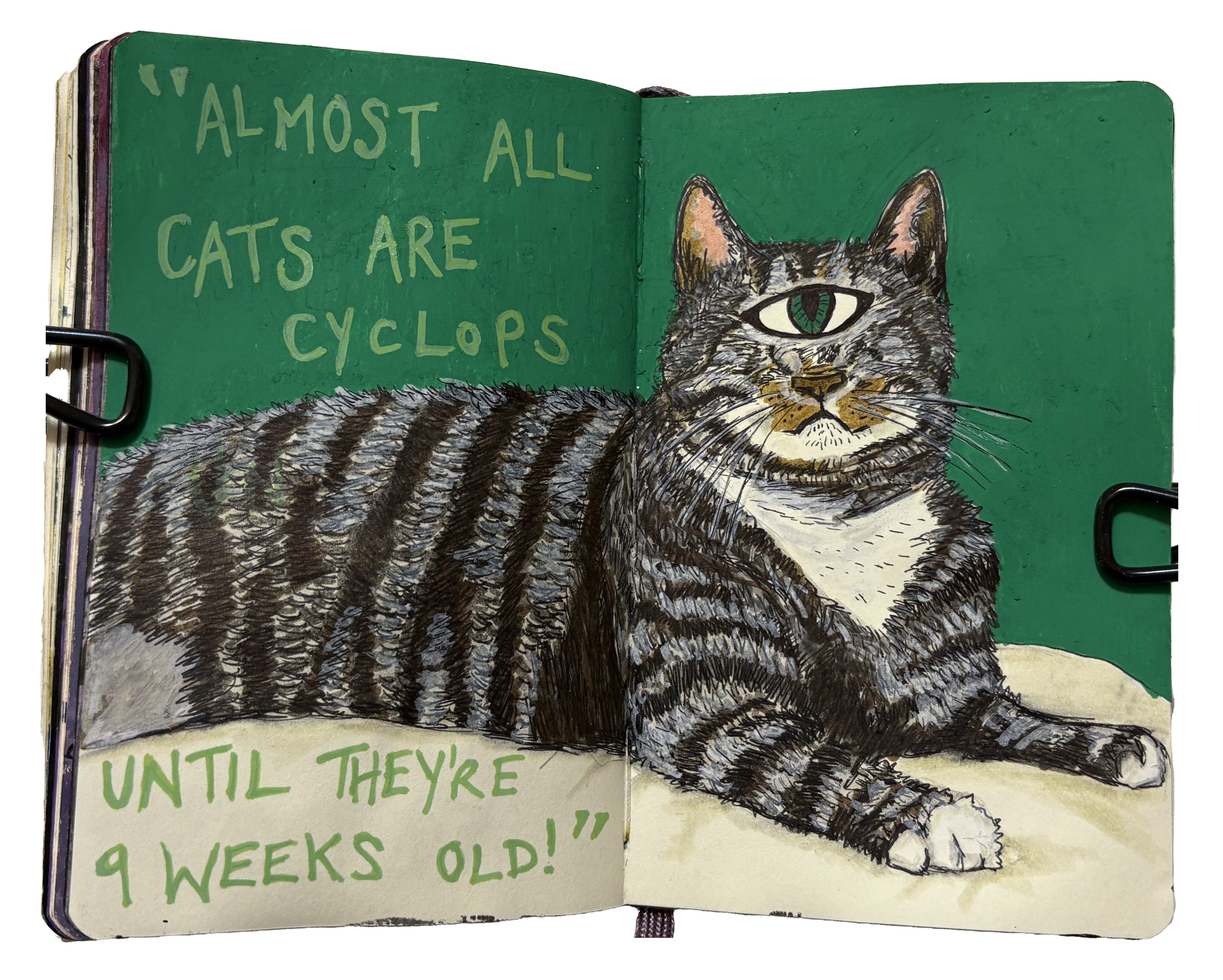 An art journal illustration of a cyclops cat on a bed from a dream I had.