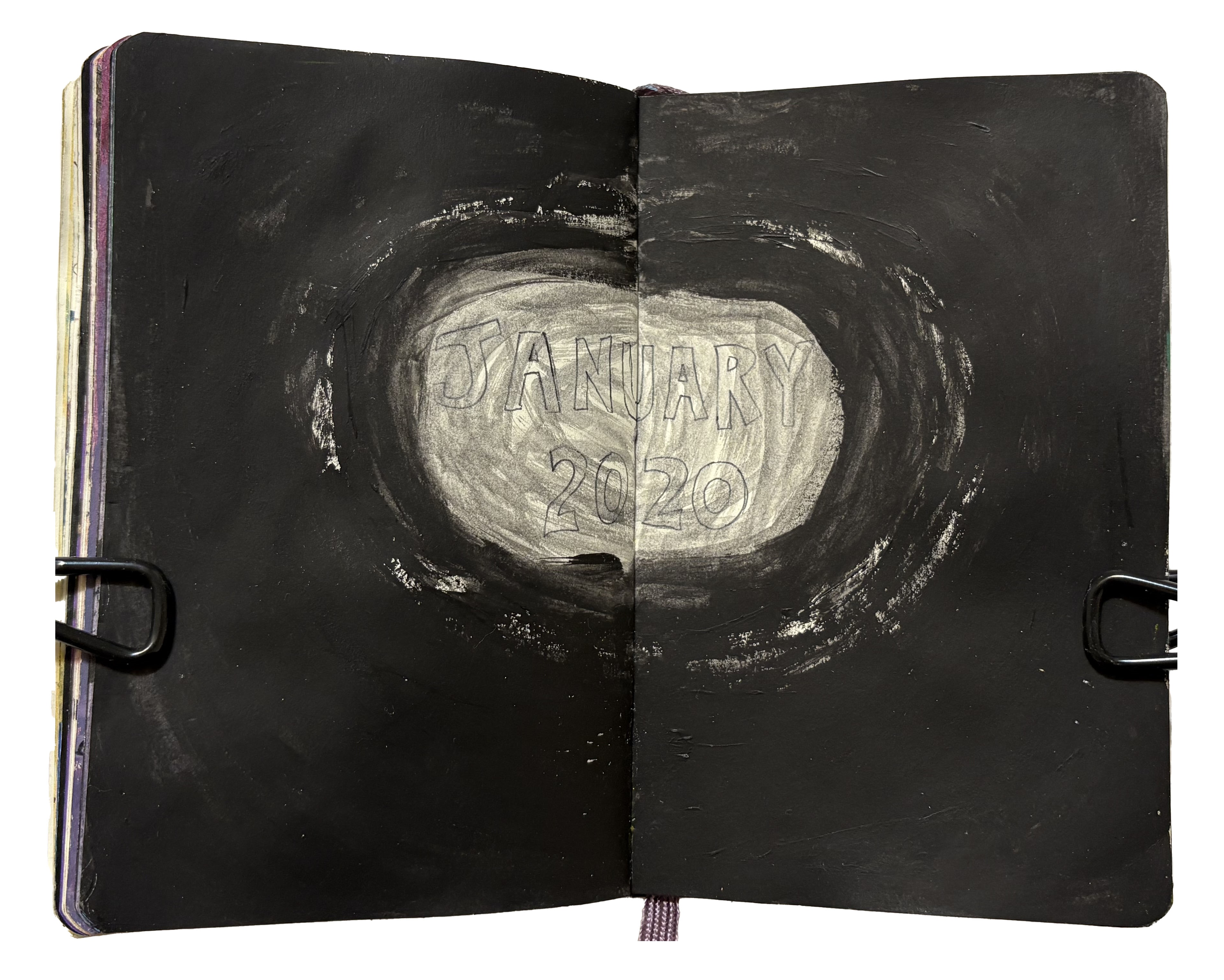 An art journal painting of a black void with January 2020 in the middle.