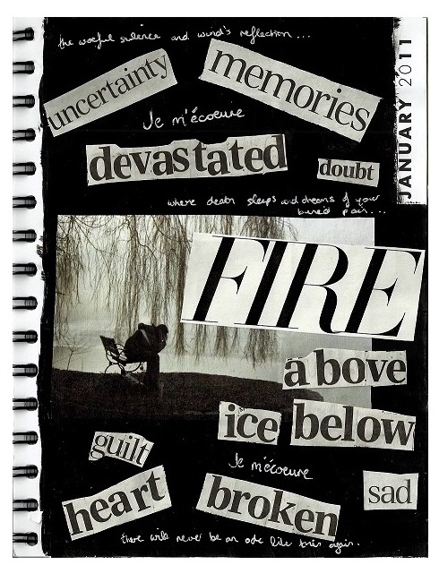 A mixed media art journal collage with sad words cut out from magazines and pasted on a black background. At the center is a black and white photograph of a lake scene with a lone person on a bench. Lyrics are from songs by Agalloch and Amesoeurs.