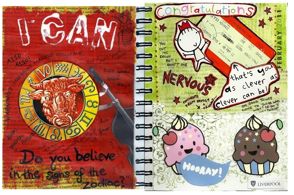 Mixed media art journal collages. The left page has zodiac and cello imagery with lyrics by Rasputina. The right page is ephemera from cards given to me after I got accepted into grad school.