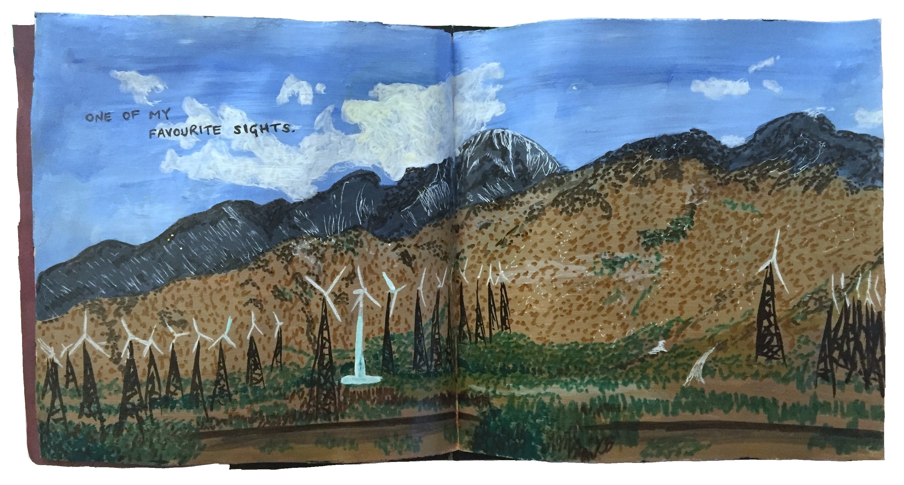 Day 201/365 of Year of Creative Habits. A mixed media art journal illustration of mountains and wind turbines in Palm Springs, California, one of my favorite sights.